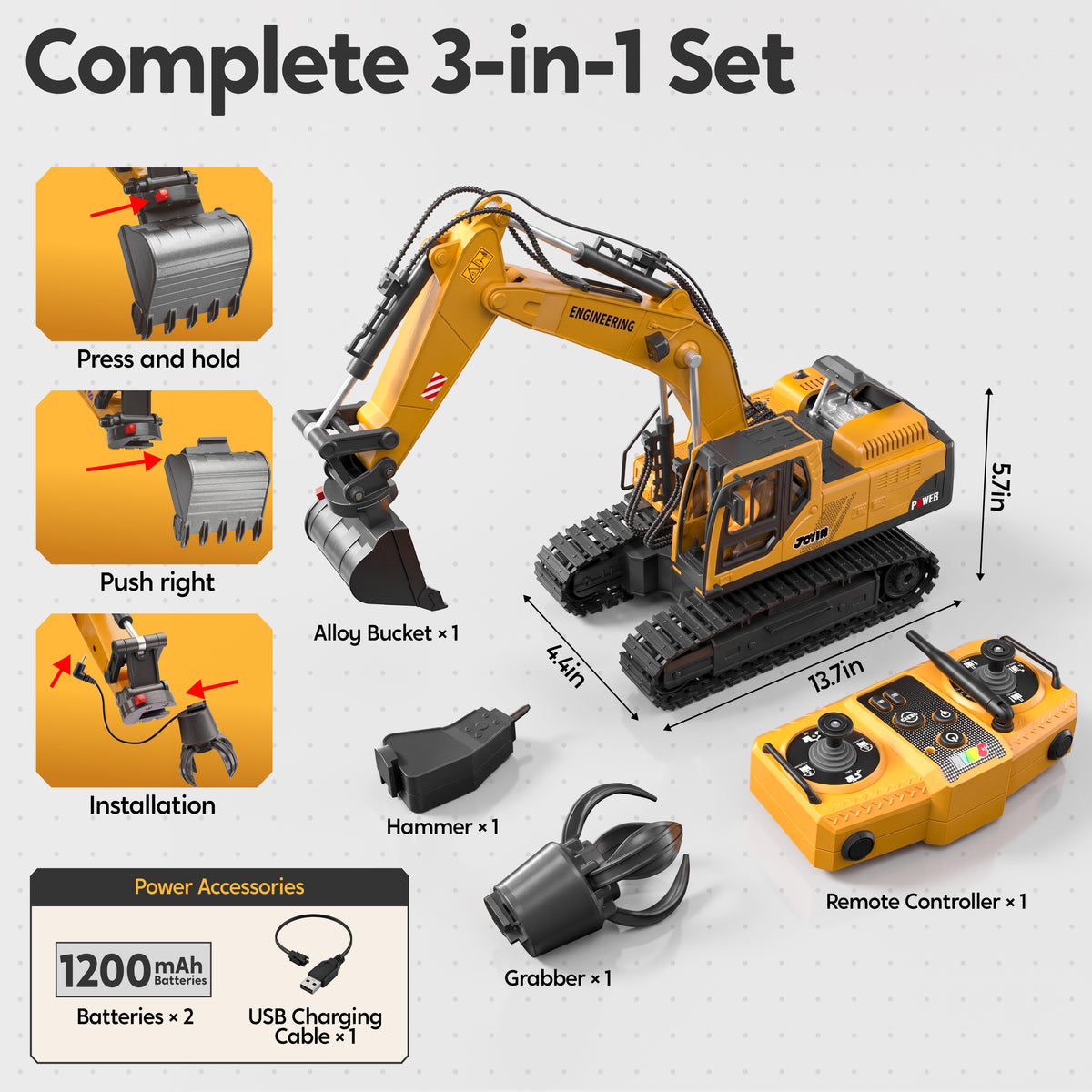 Joyfy 3-in-1 RC Excavator Construction Toy for Kids, 11 Channel Precise Control for Outdoor Play Sandbox Digger Toys, 680° Rotatable Cab, Christmas & Birthday Gifts for Kids 3-8-12