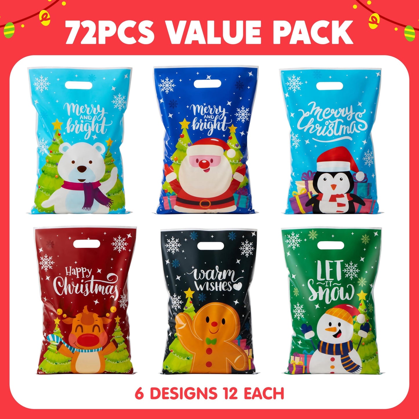 Joyfy 72 Pcs Christmas Bags for Xmas Holiday Goody Gift, 11" x 16"Christmas Snacks Plastic Shopping Bags with Handles for Present Wrapping, Festive Party Favor, Classroom Party Decoration Supplies