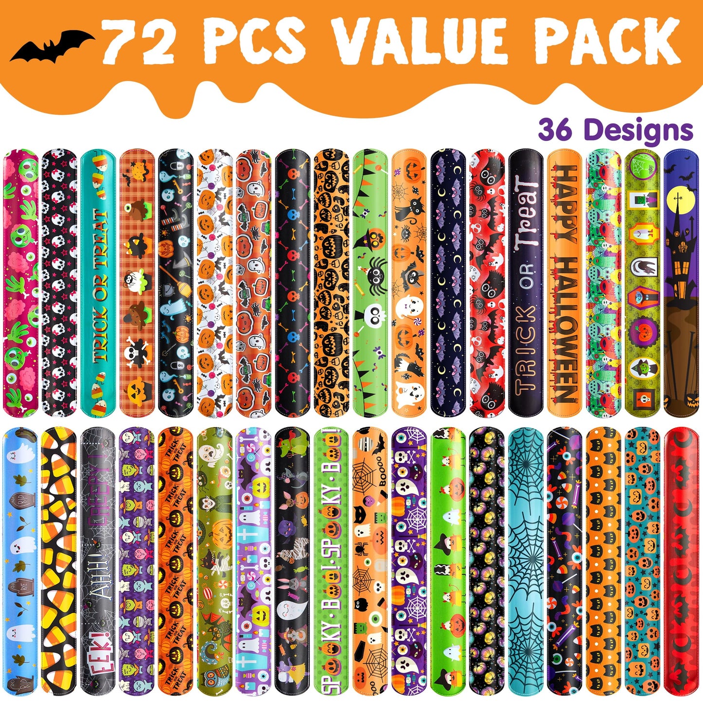 SYNCFUN 72 Pcs Halloween Slap Bracelets for Kids,Halloween Toys Bulk with Spider,Pumpkins,Animal Print for Prizes Gift Trick or Treat Party Favors,Halloween Crafts for Kids,Classroom Favors