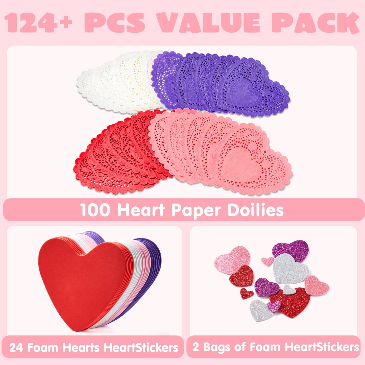 126+ Pcs Valentines Day Craft Gift Set with 100 Heart Doilies, 24 Pcs Foam Hearts & 2 Bags of Foam Heart Stickers for Kids, Tableware Decoration, Home Activitie, Kitchen Disposable Table Doilies