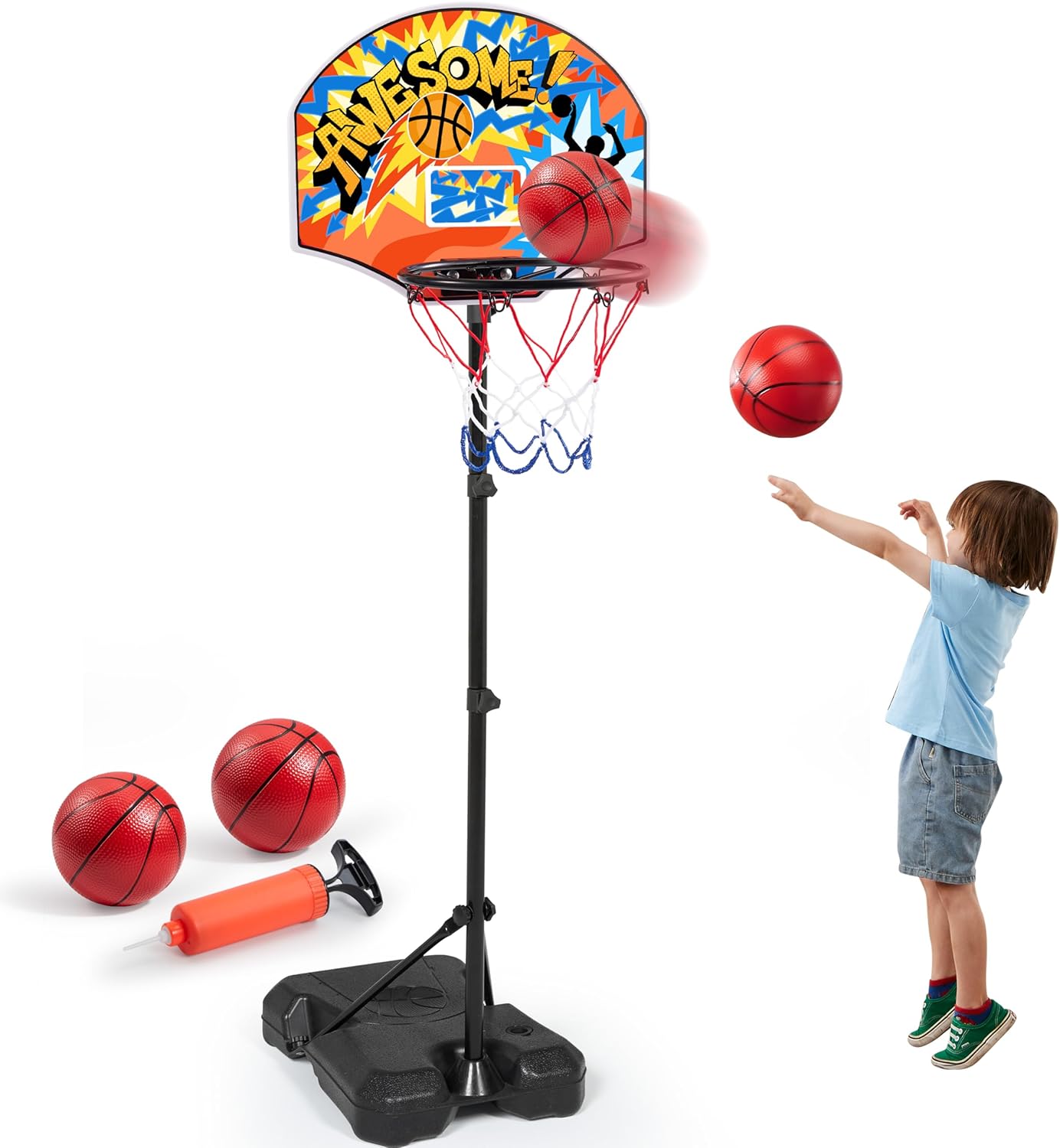 Kids Basketball Hoop, Adjustable Height 2.8 ft-6.2 ft Toddler Basketball Hoop for Kids Indoor Outdoor Play Portable Basket Ball for Boys Girls Age 3 4 5 6 7 8 Gift
