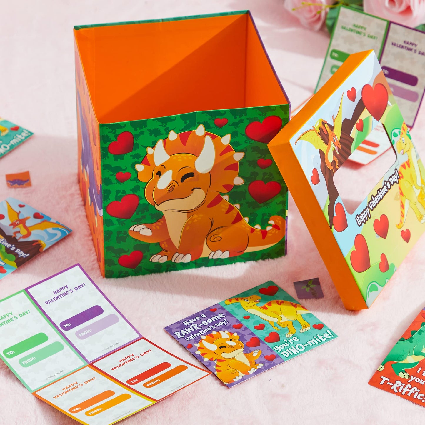 Valentines Day Cards for Kids and Mailbox (Dinosaur Theme), Valentine Mailset of boxes for Classroom Exchange Including 32 Student Valentine Cards, 1 Teacher Card, 35 Stickers & 1 Mail Box