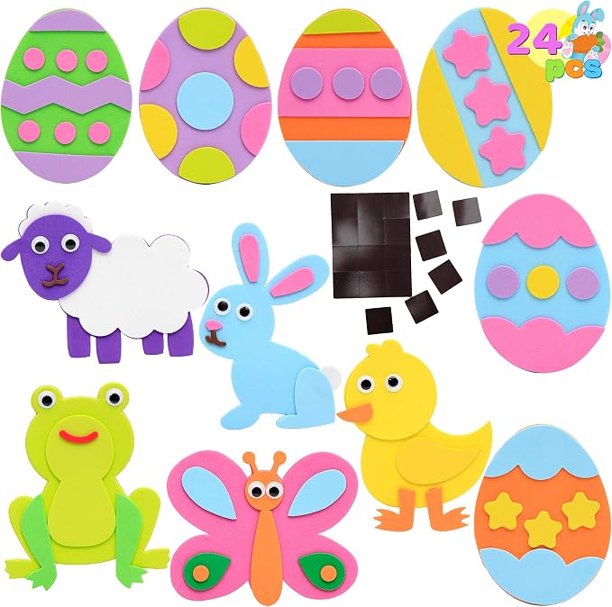 Joyfy 24 Pcs Foam Easter Animals and Egg Magnet Craft Kit, DIY Foam Magnet Craft Kits for Kids Party Favors Arts and Crafts Fun Home Activities, Easter Egg Hunt