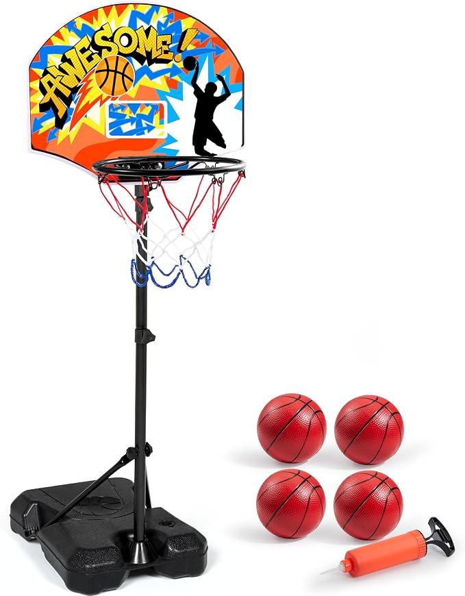 Joyfy Kids Basketball Hoop, Adjustable Height 2.8 ft-6.2 ft Basketball Hoop for Kids Indoor Outdoor Play Portable Basket Ball for Boys Girls Age 3 4 5 6 7 8 Gift