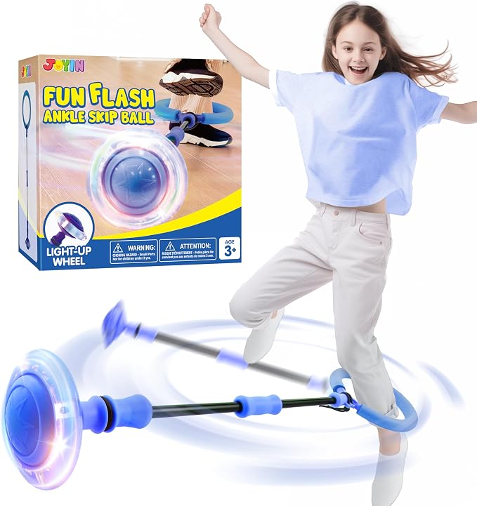 Joyfy Blue Ankle Skip Ball with Flashing Lights, Toy for Kids Indoor & Outdoor, Flashing Swing Ball Foldable Sports Toy, Birthday Gifts for Kids 3 4 5 +