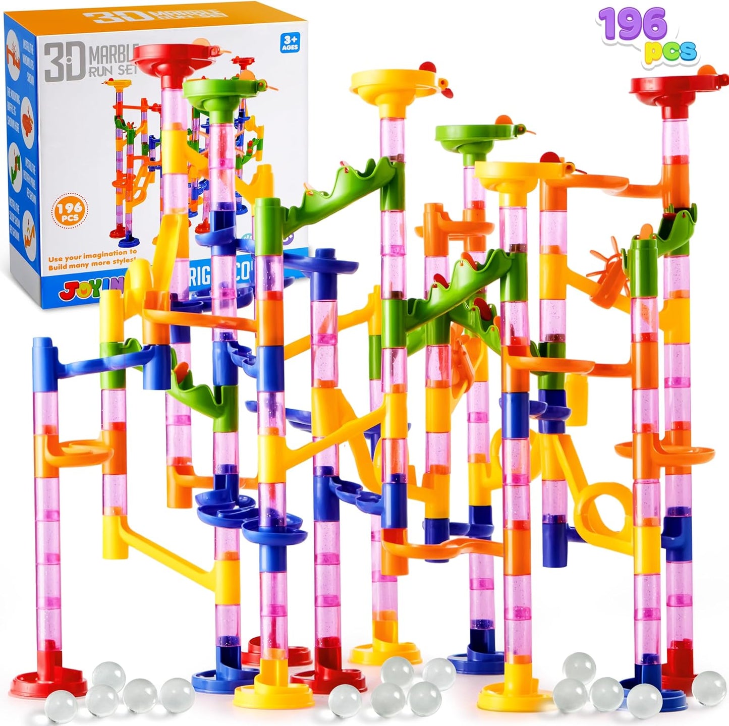 SYNCFUN Marble Run Premium Set(196 Pcs- Construction Building Blocks Toys, STEM Educational Toy, Building Block Toy(156 Translucent Plastic Pieces+ 40 Glass Marbles)