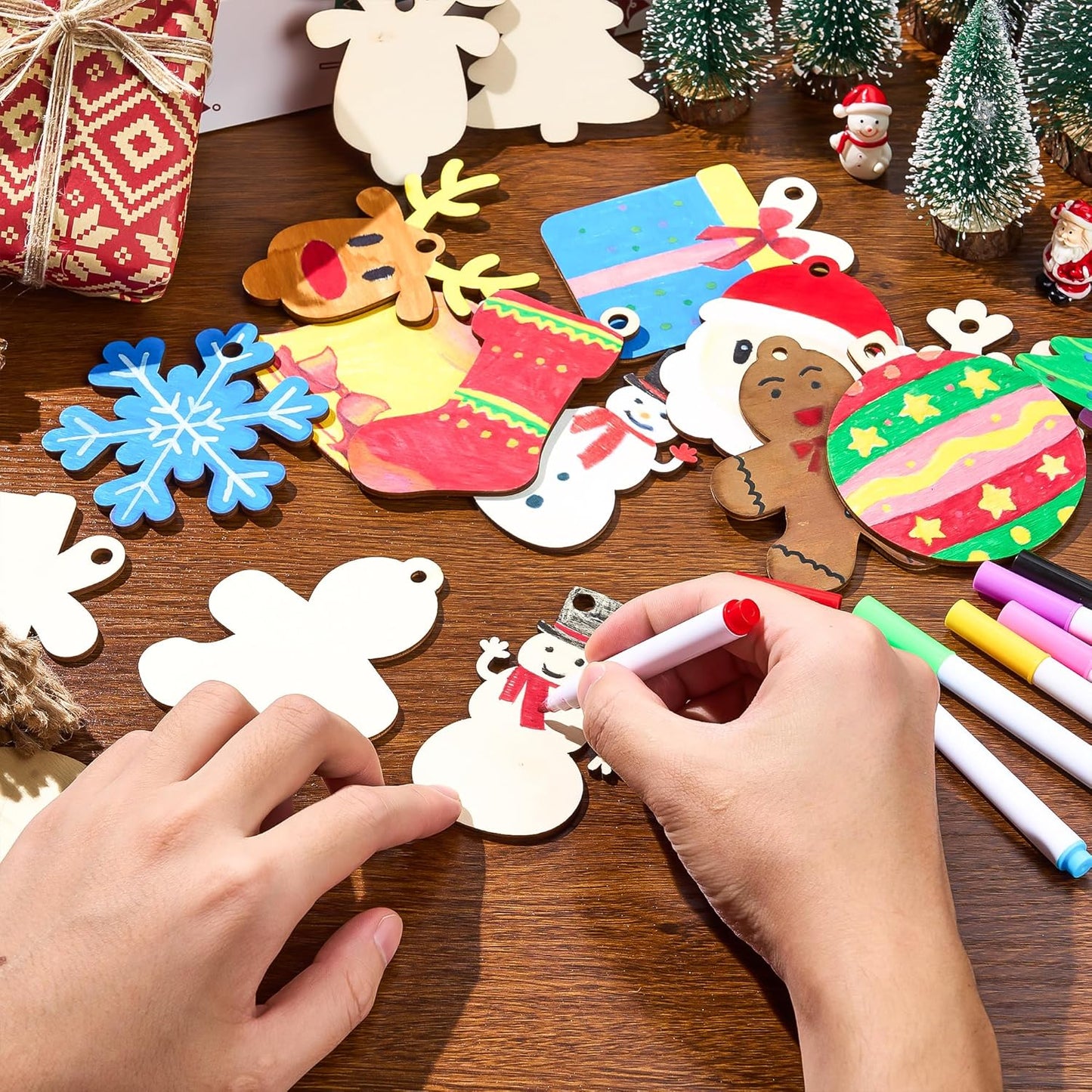 SYNCFUN 100 Pcs Christmas Wooden Hanging Ornaments with 8 Colored Pens, Unfinished Wood Ornaments Bulk for Kids Make Your Own Craft, DIY Coloring Ornament Gifts for Xmas Tree Decor Party Supplies