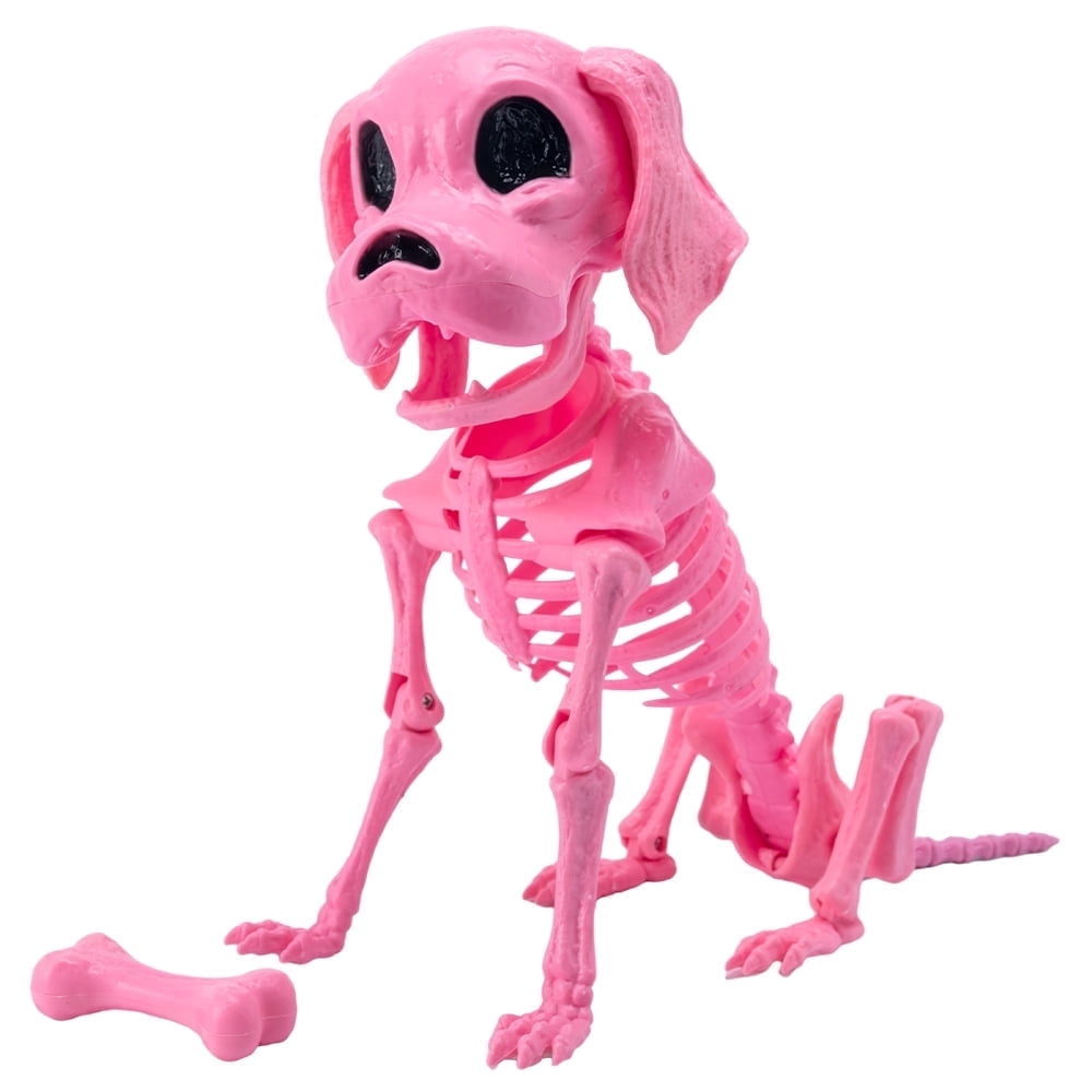 Joyfy 9.8 Inch Halloween Skeleton Dog Skeleton Halloween Decor,Pose-N-Stay Plastic Skeleton Bones with Posable Joints for Hallowmas Decoration Outdoor Haunted House Party(Pink)