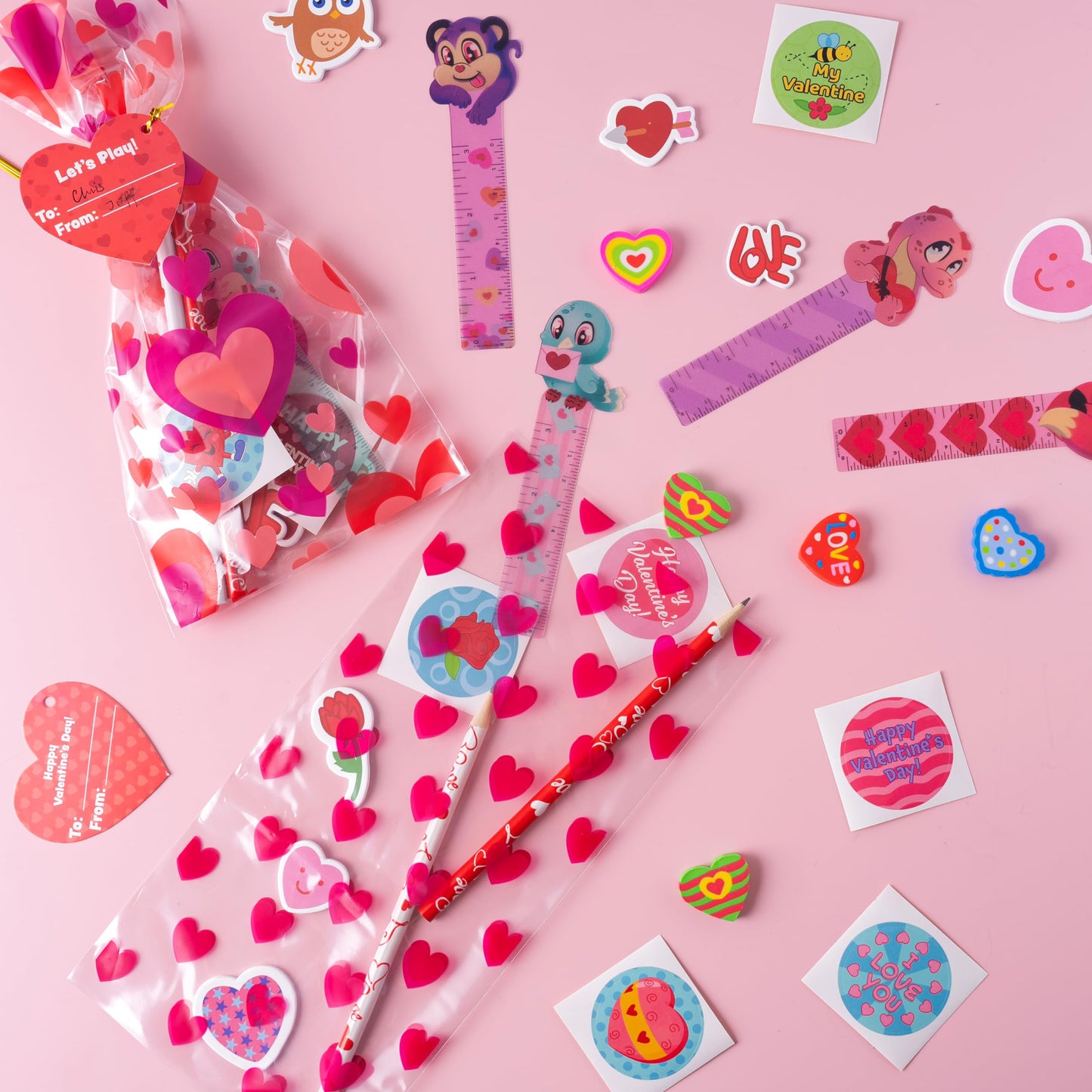 28 Pack Valentines Day Stationery Gifts for Kids Goody Bags with Stationery Gift Set for School Classmates Exchange Gift, Valentine Party Favor, Includes Pencils, Erasers, Rulers, Stickers