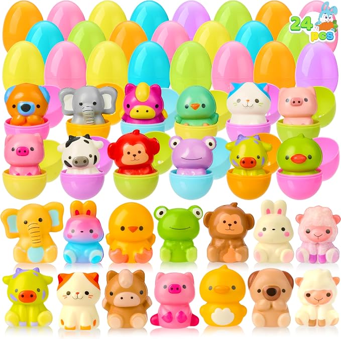 Joyfy 24 Pcs Easter Prefilled Eggs with Animals Squishy Toys, Cute Toys for Easter Egg Hunt, Kids Party Favor, Basket Stuffers, Filling Treats, Goodie Bag Fillers, Classroom Prize Supplies