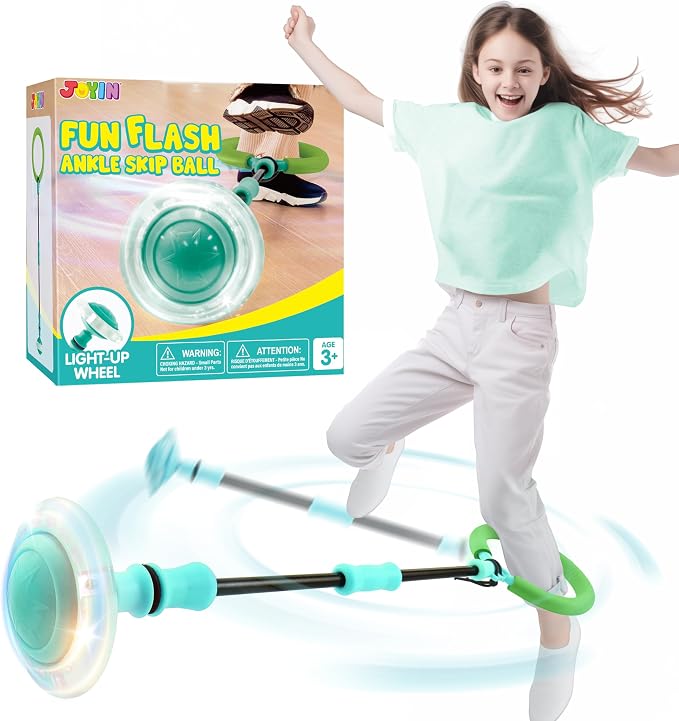 Joyfy Green Ankle Skip Ball with Flashing Lights, Toy for Kids Indoor & Outdoor, Flashing Swing Ball Foldable Sports Toy, Birthday Gifts for Kids 3 4 5 +
