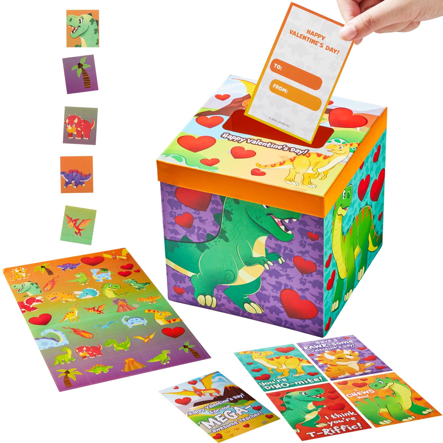 Valentines Day Cards for Kids and Mailbox (Dinosaur Theme), Valentine Mailset of boxes for Classroom Exchange Including 32 Student Valentine Cards, 1 Teacher Card, 35 Stickers & 1 Mail Box
