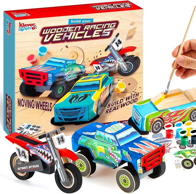 Joyfy Kids Craft Kit Build & Paint Your Own Wooden Race Car Art & Craft Kit DIY Toy Make Your Own Car Truck Toy Construct and Paint Kit, Presents for Kids