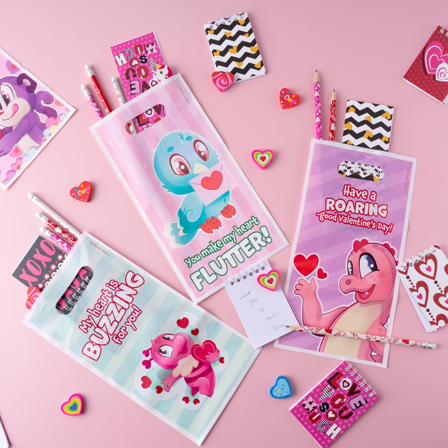 96 Valentines Day Stationery Gifts with Pencil, Erasers, Notebook & Bags for Kids Valentine’s Day School Classroom Exchange Party Favor Gift Supplies