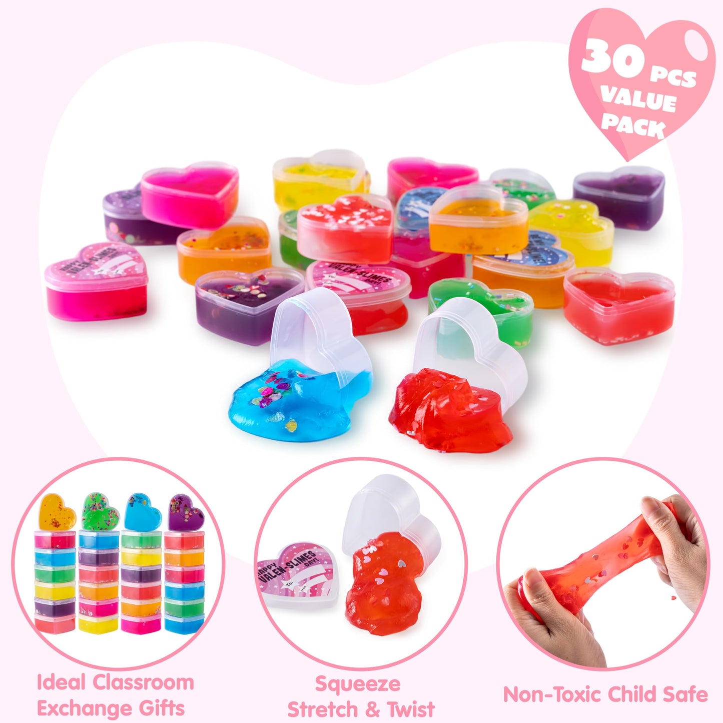 30 Valentines Day Clear Slime Hearts for Kids Valentine Classroom Exchange, Valentine Party Favors, Gift Exchange