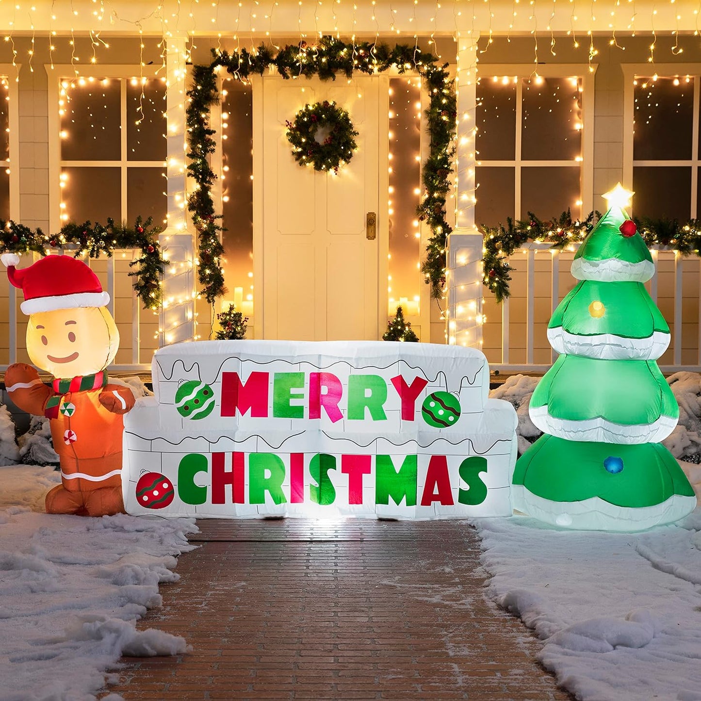 Joyfy 10 FT Christmas Inflatables Gingerbread Man & Christmas Tree Outdoor Decorations,Christmas Blow Ups Yard with Built-in LEDs for Holiday Party Garden Lawn Decor