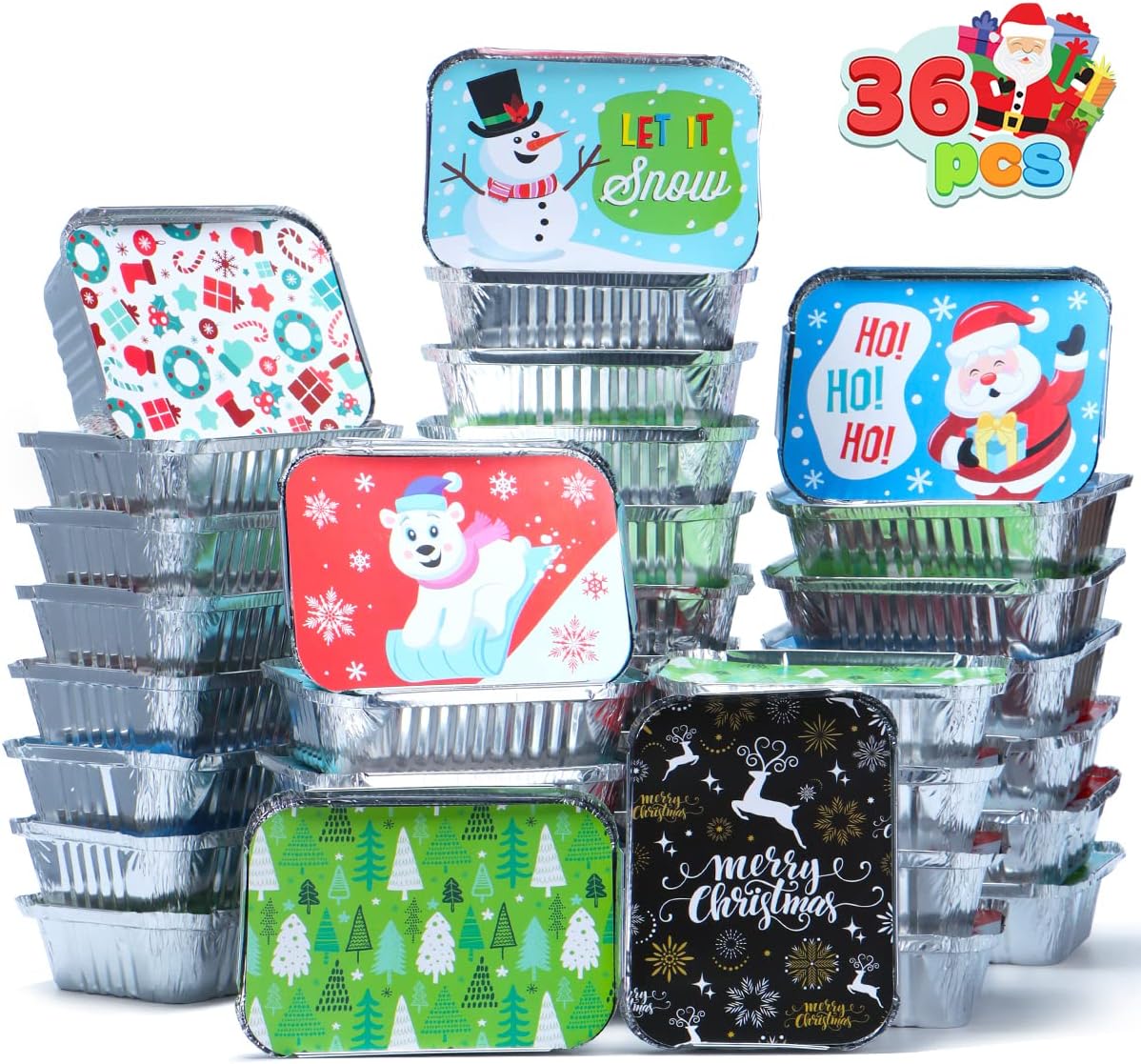 SYNCFUN 36 Pcs Christmas Foil Containers with Lids, 7"x5"x2" Rectangular Treat Foil Containers, Disposable Food Containers for Holiday Baking, Cooking, Heating, Storing, Prepping Food
