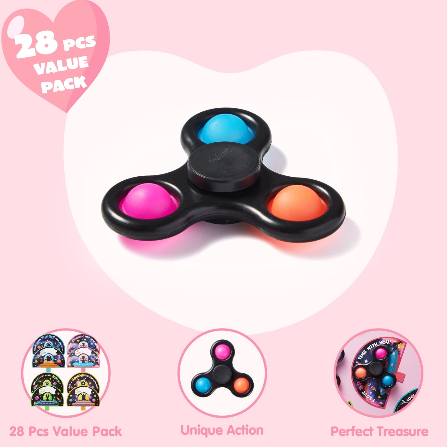 56 Pcs Valentines Toys Set (28 Spinners and 28 Cards), Valentines Day Cards with Fidget Spinner for Kids Adult, Stress Relief Hand Finger Spinner Fidget Toy for Valentines Exchange Cards Gifts