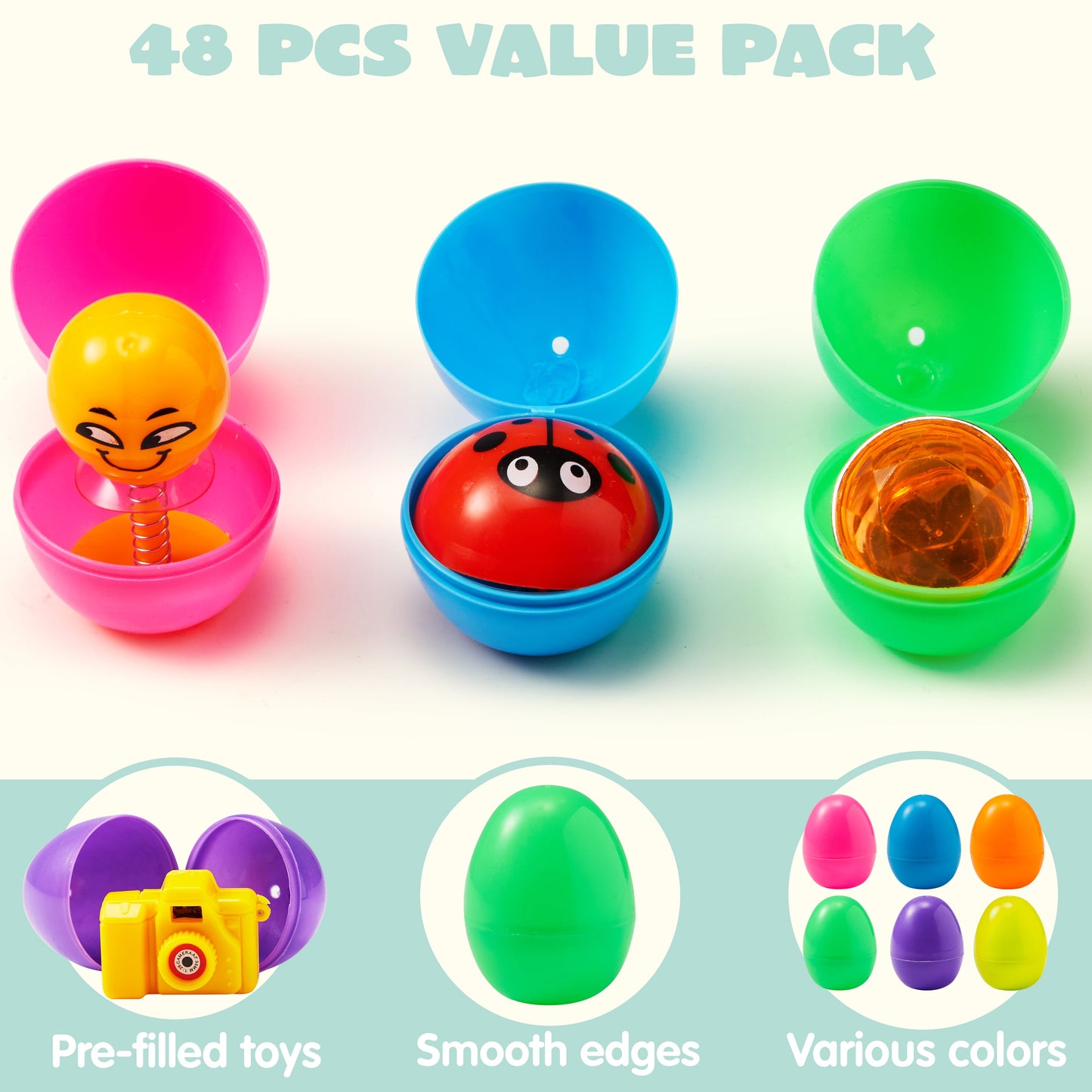 96 Pcs Prefilled Easter Eggs Set ( 48 Toys and 48 Eggs),Easter Egg with Toys Inside,Easter Basket Stuffers for Kids Easter Basket Classroom Exchange Toddler Boys Girls