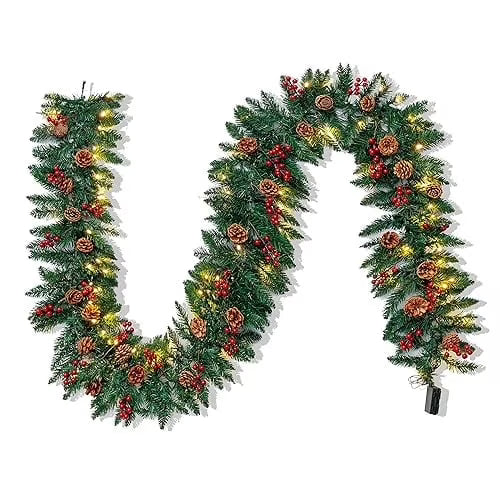 Joyfy 9FT Christmas Garland Prelit with 100 Count Warm White String Lights, Pine Cones, Holly Berries for Home Dining Table Mantel Porch Winter Christmas Decor, Plug in Lighted Pine Garland
