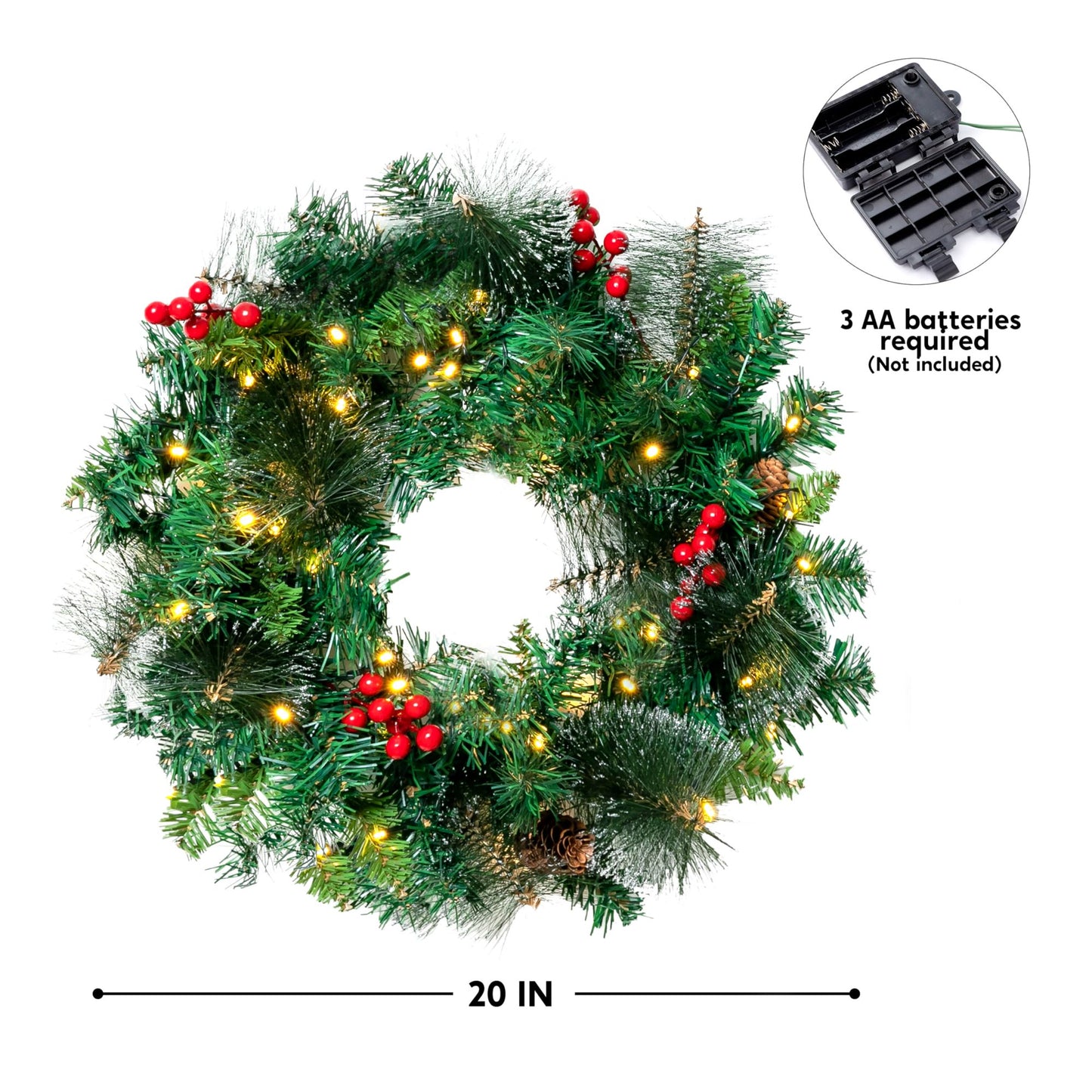 Joyfy 20” Christmas Wreath Prelit with 15” Hanger and LED Lights, Red Berries, Pine Cones Glitter Pine Needles for Front Door Decoration and Indoor Outdoor Christmas Decorations