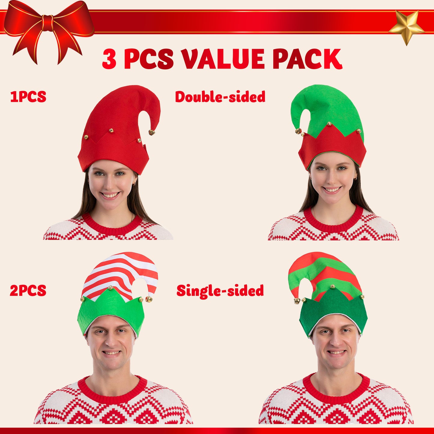 Joyfy 3 Pack Christmas Hats,Elf Felt Hats for Adults Funny Hats for Christmas Holiday Party Costume Favors Gifts Accessoriess