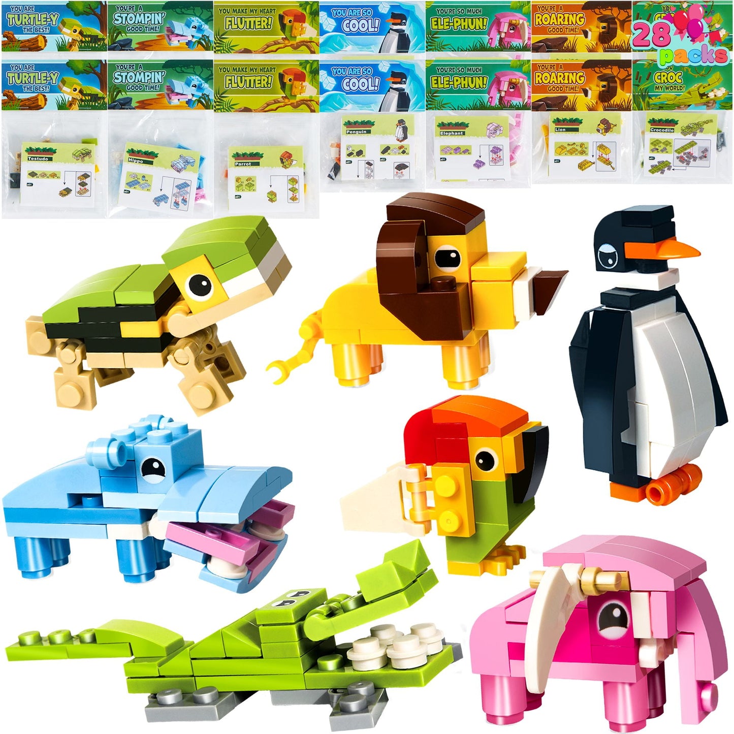 28 Packs Valentines Day Gift Cards with Animal Building Blocks for Valentine's Classroom Exchange Toy,Valentine Party Favor,Kids Classroom School Prize