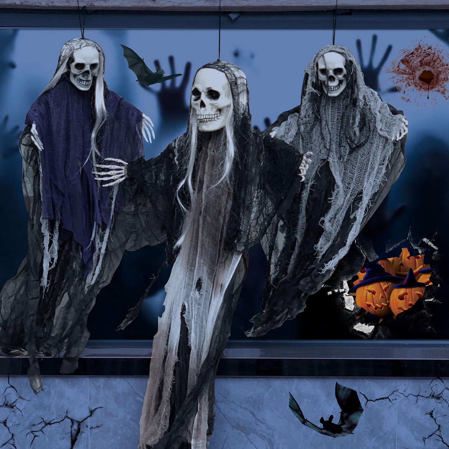 JOYIN 3 Pack Hanging Halloween Skeleton Ghosts Decorations,Grim Reapers for Best Halloween Outdoor Decorations
