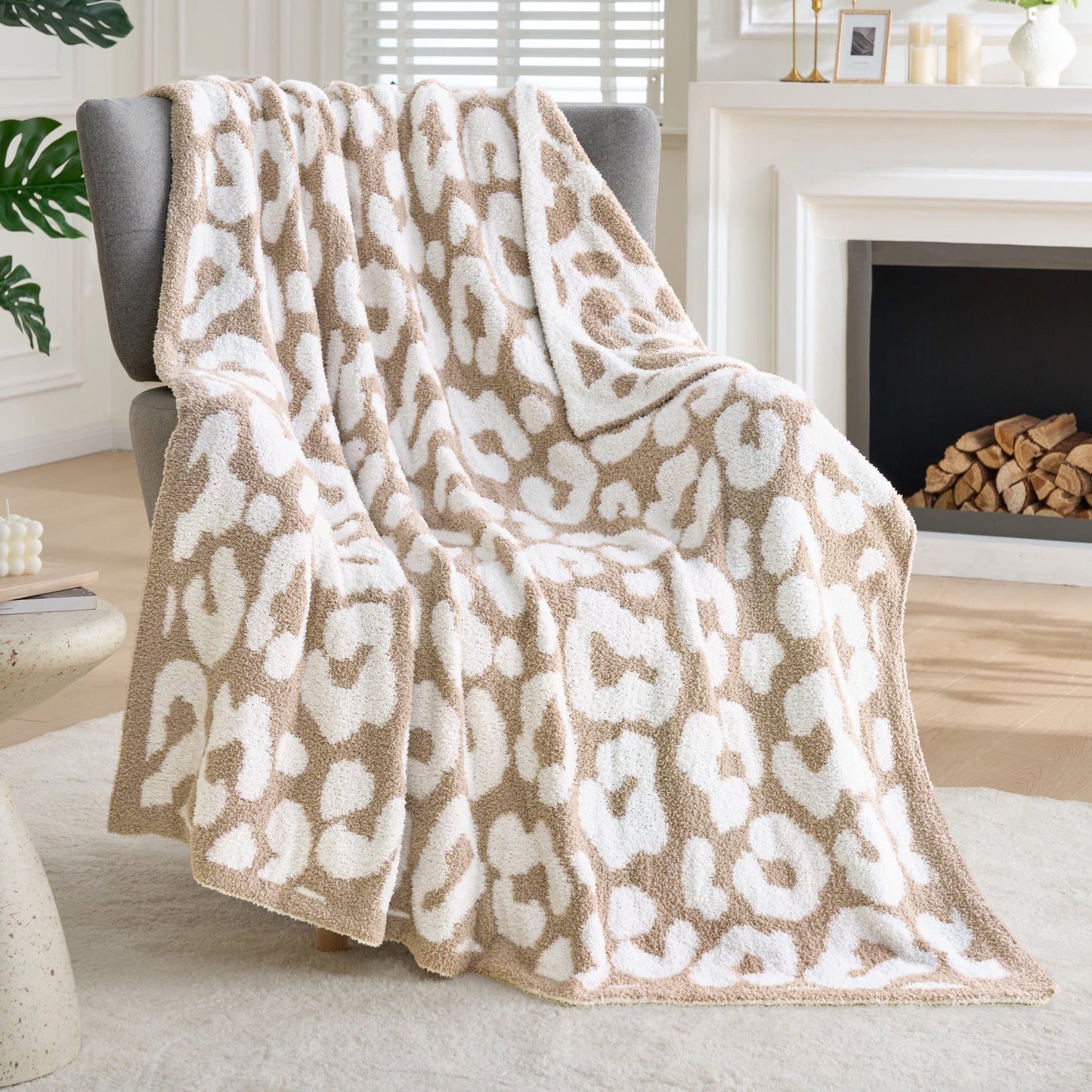 Joyfy Sand Leopard Knitted Throw Blanket 50x60 Inches, Cozy Soft Throw for Couch, Bed, Sofa - Cute Aesthetic Room Decor and Gift for Women, Mom, Girls, Mothers Birthday