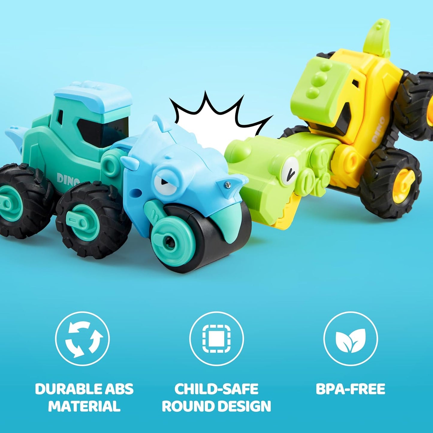 Syncfun 4Pack Dinosaur Construction Vehicles Set, Baby Toy Cars for Toddlers, Car Toys for 1 2 3 Year Old Boys Girls Kids, Best Birthday Gifts for Toddler