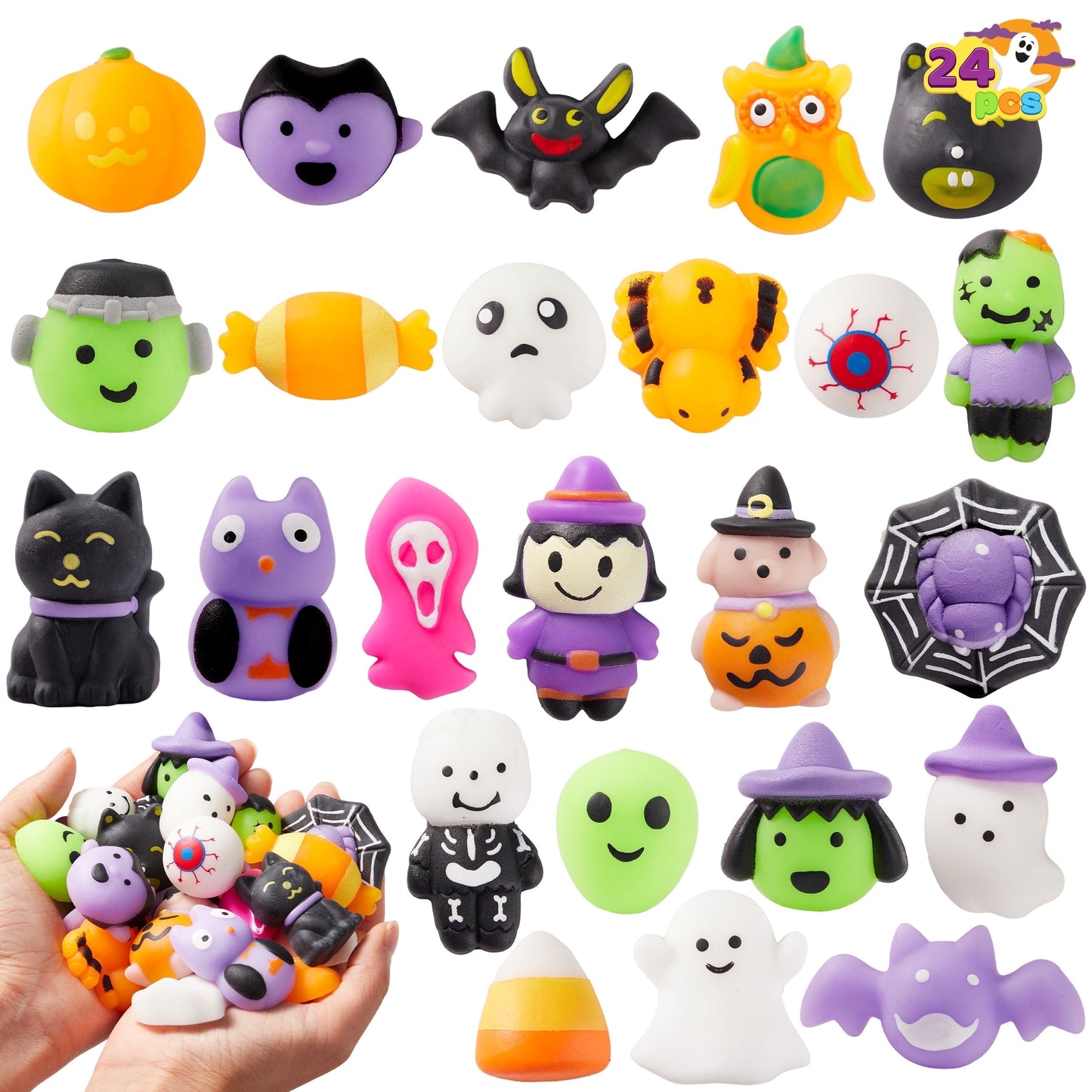 Joyfy 24 Pcs 2in Halloween Mochi Squishy Toys,Squishy Toys for Kids,Halloween Classroom Favors Prizes Party Favors,Claw Machine Filler for Kids,Stress Relief Toys