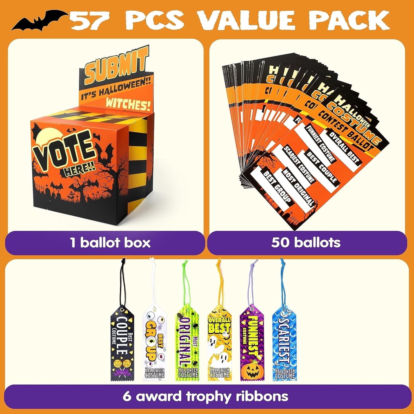 Joyfy 57 PCS Halloween Party Costume Contest Ballot Set of Boxes with Voting Ballots and Trophy Award Ribbons for Halloween Party Game Vote