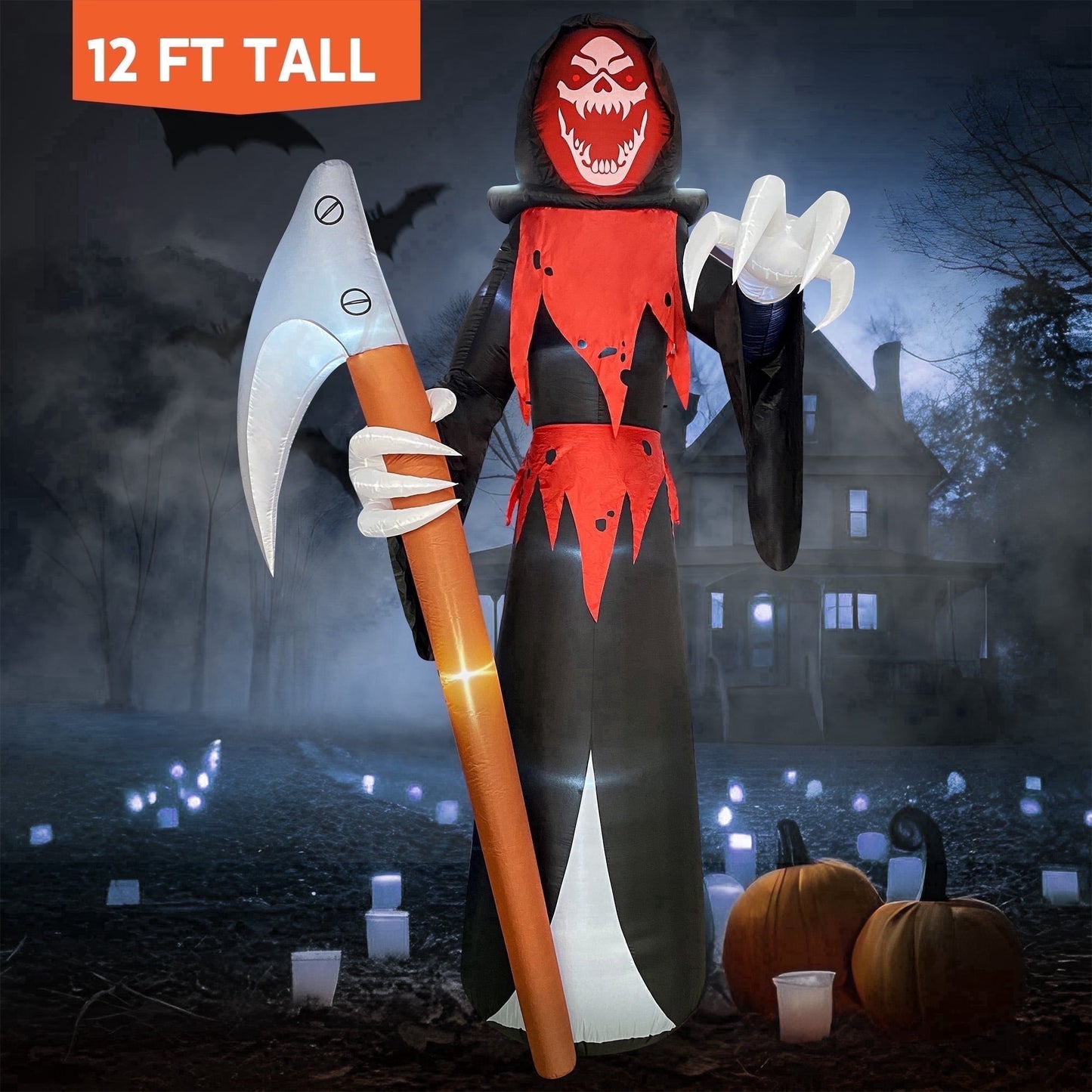 Joyfy 12 FT Halloween Inflatable Giant Grim Reaper Decoration with Built-in LEDs,Grim Reaper with Scythe Halloween Decorations Outdoor Blow Up Yard Lawn Decoration