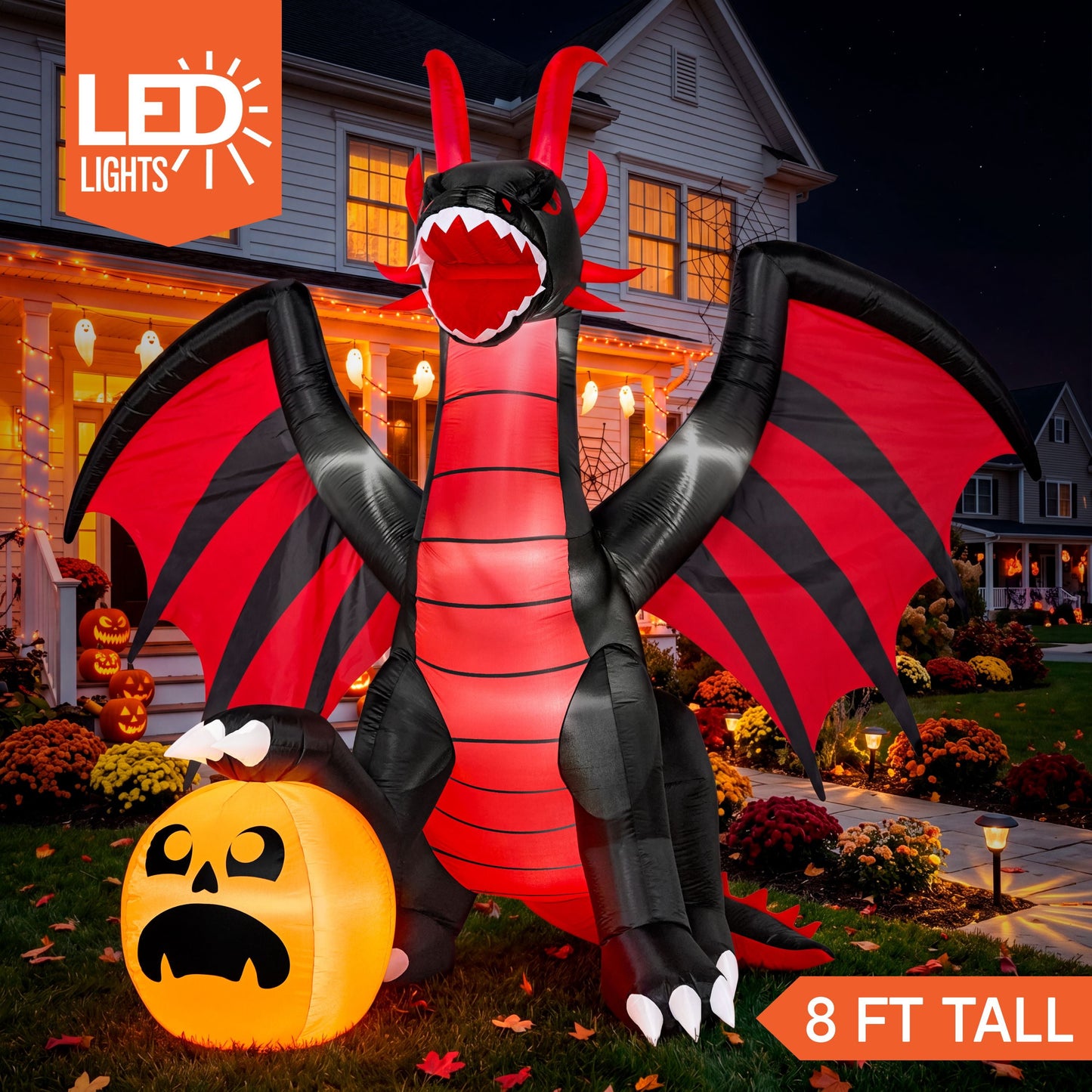 Joyfy 8 ft Halloween Inflatable Fire Dragon with Pumpkin,Animated Moving Mouth & Internal LED Lights,Blow Up Yard Decor Outdoor Lawn Garden Indoor Porch Patio Spooky Halloween Decoration