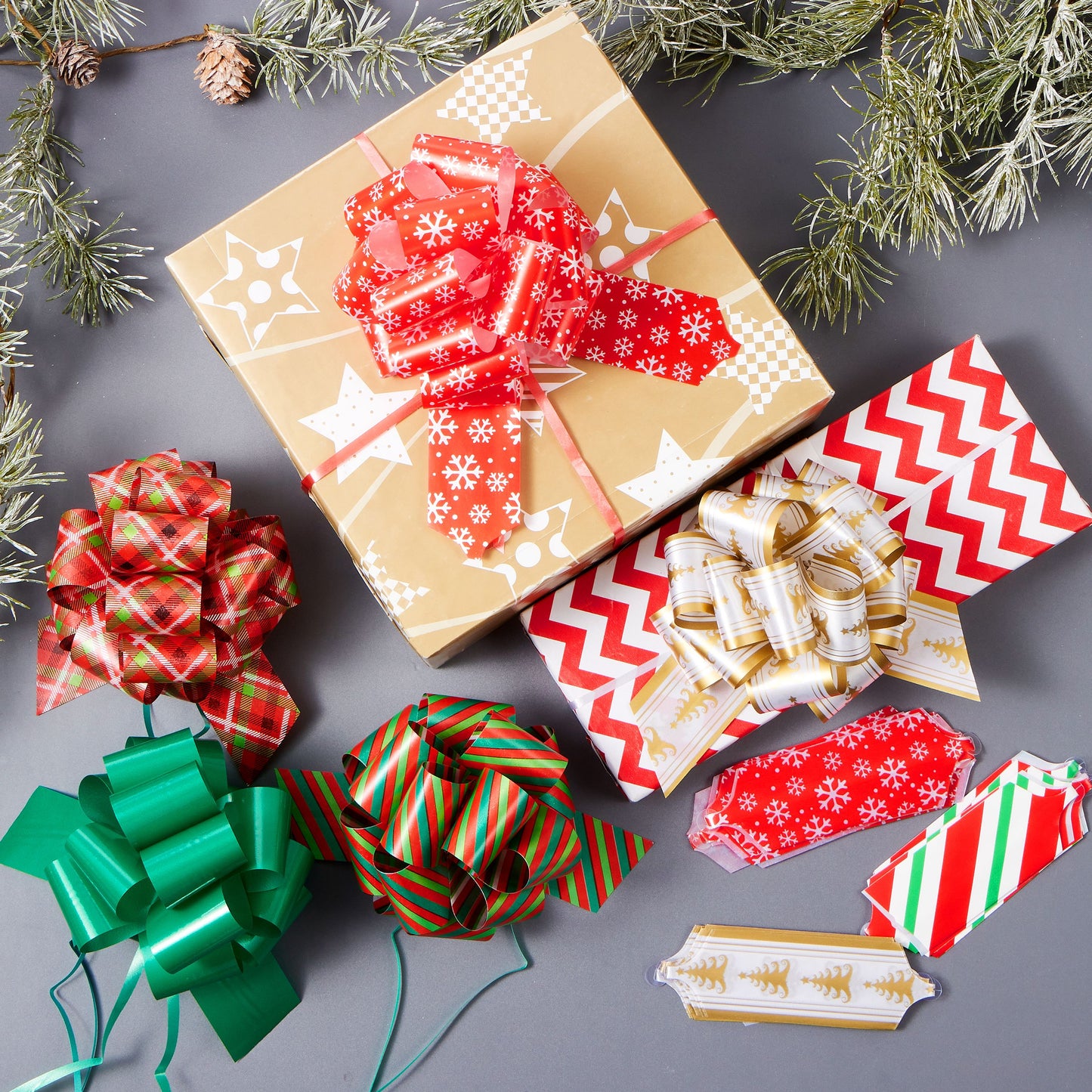 Joyfy 24 Pcs Christmas Pull Bows Present Wrap Ribbon(4.7" Wide), Easy and Fast Gift Wrapping Accessory for presents, Bows, Baskets, Wine Bottles Decoration, Gift Wrapping and Decoration Present