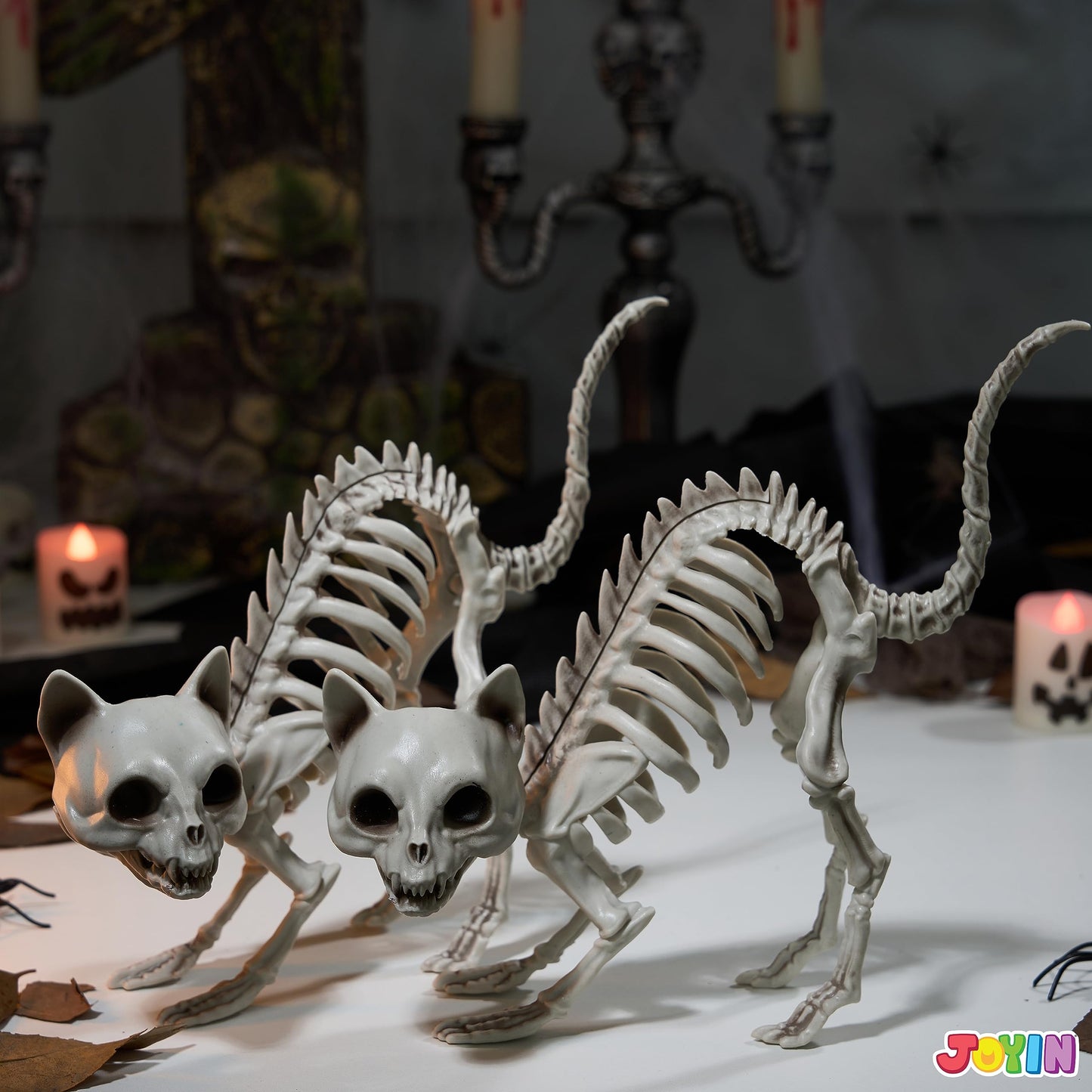 Joyfy 2 Pcs Cat Skeleton Halloween Decoration,7 Inch Posable Plastic Animals Halloween Skeleton for Indoor Outdoor Halloween Decorations,Haunted House Party Props