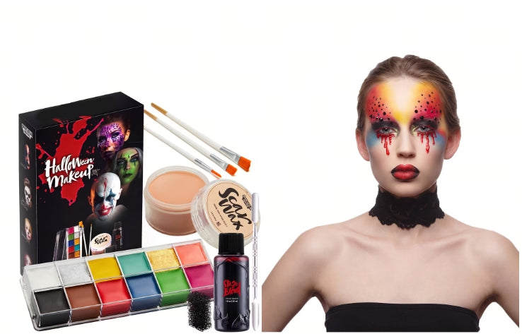 Joyfy 8 Pcs Halloween Makeup Kit, with Wound Scar Wax,12 Colors Face Paint Palette, Fake Blood for Zombie Vampire Skeleton Cosplay Adult