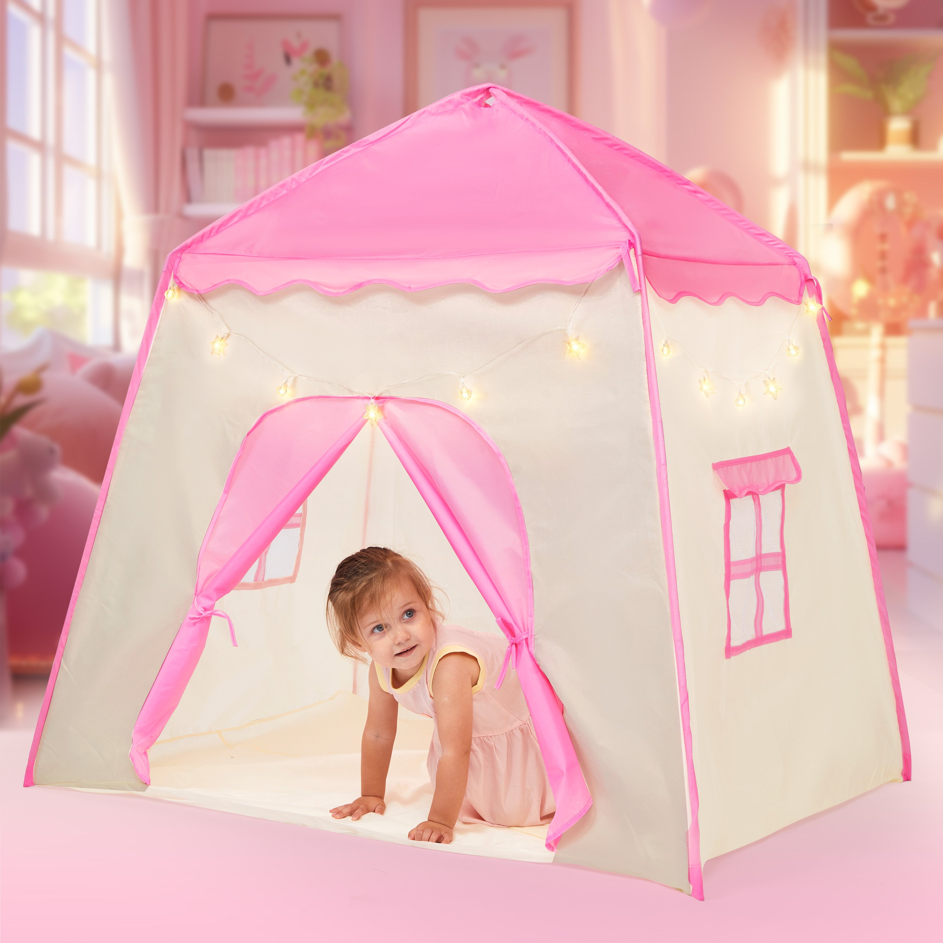 indoor playhouse tent Joyfy Pink Play Tent for Girls Large Playhouse with Star Light Kids Ca –  SYNCFUN