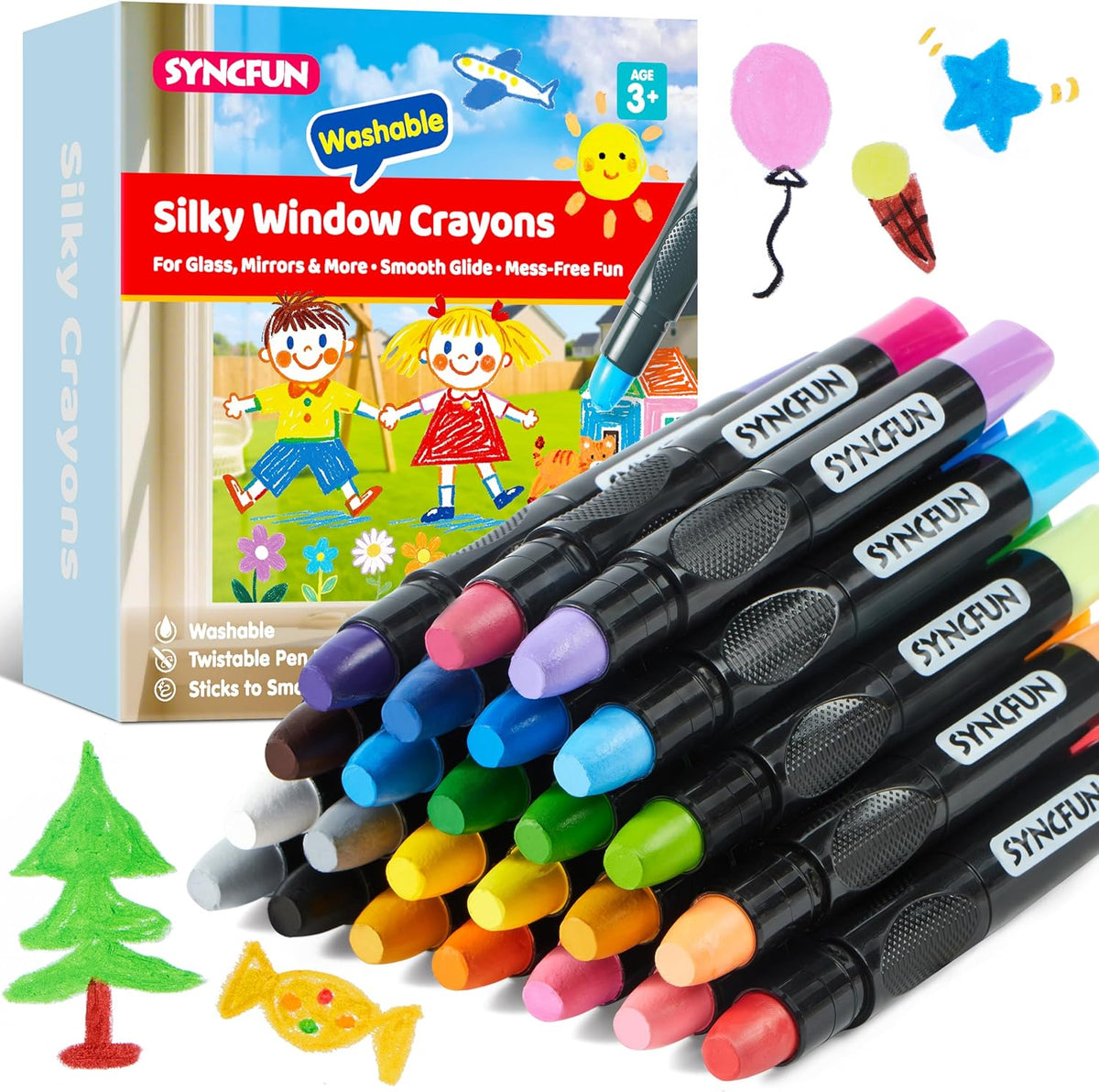 SYNCFUN 24 Pcs Silky Window Crayons, Washable Crayons, Glass and Paper, Easy to Hold & Quick-Drying Art Supplies, Non-Toxic, Mess Free, Birthday Valentine Easter Gifts for Kids Ages 3+