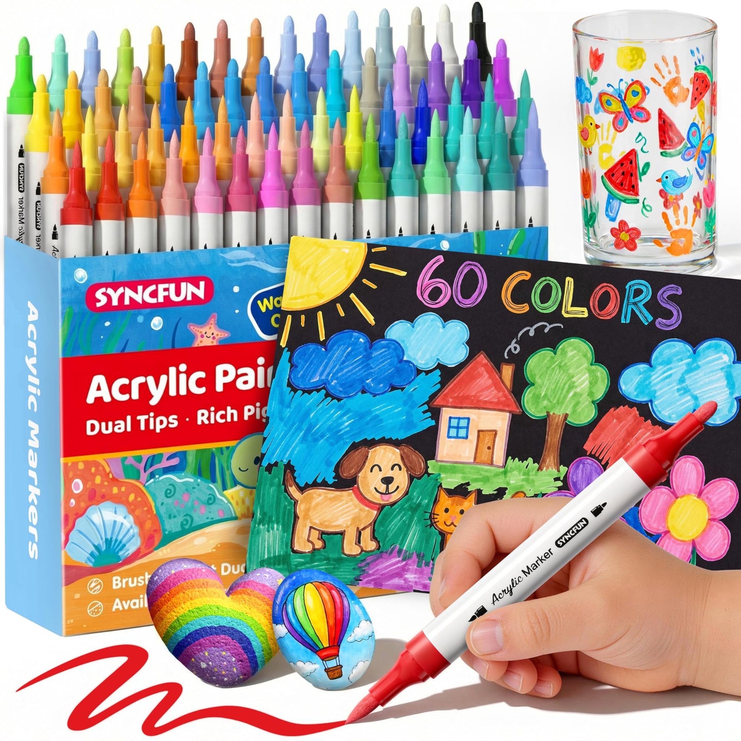 Joyfy 60 PCS Acrylic Paint Markers, Dual Tip Waterproof Pen with Brush and Bullet Tip for Paper, Window, Fabric, Canvas, Rock, Wood, Glass, Metal, Ceramic, Birthday Valentine Easter Gifts for Kids
