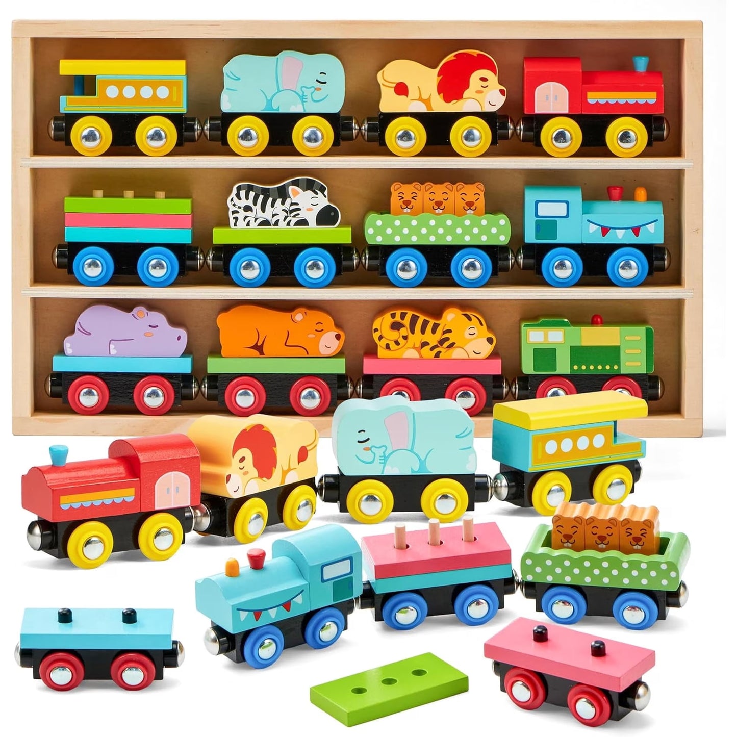 Joyfy Montessori Animal Wooden Train Toy Set for Kids, 12PCS Magnetic Train Cars with Storage Gift Box, STEM Educational Toy for Boys & Girls, Ages 18Month - 8 Years, Easter Birthday Party Gift
