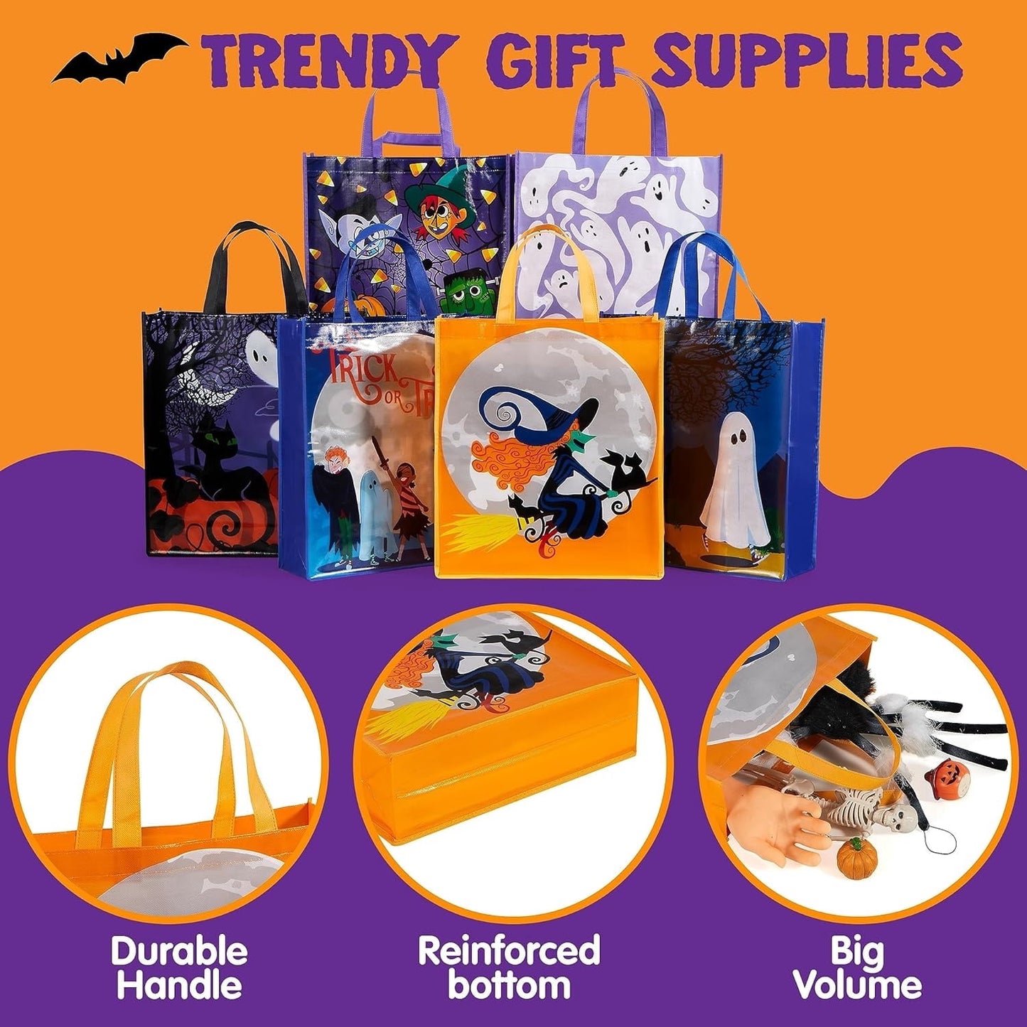 Joyfy 12 PCS Halloween Large Treat Tote Bags, Goodie Baggies for Kids Trick or Treating, School Classroom Gifts, Party Favor Supplies in 6 Designs 17¡± x 15¡±