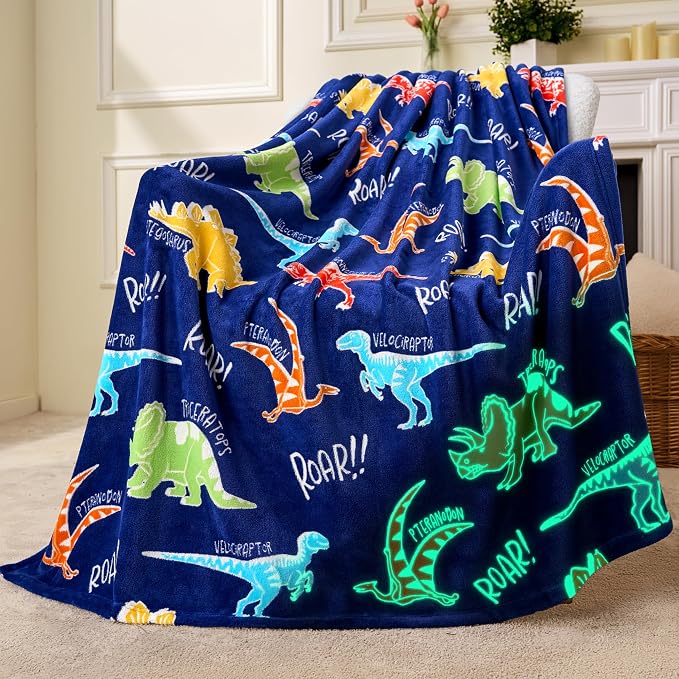 Joyfy Glow in The Dark Blanket Dinosaur Toys for Kids 3-5 Dinosaur Gifts Toys for Age 2 3 4 5 6 7 8 9 10 11 12 Year Old, Soft Cozy Flannel Kids Throw Blanket, Birthday 40"×60"