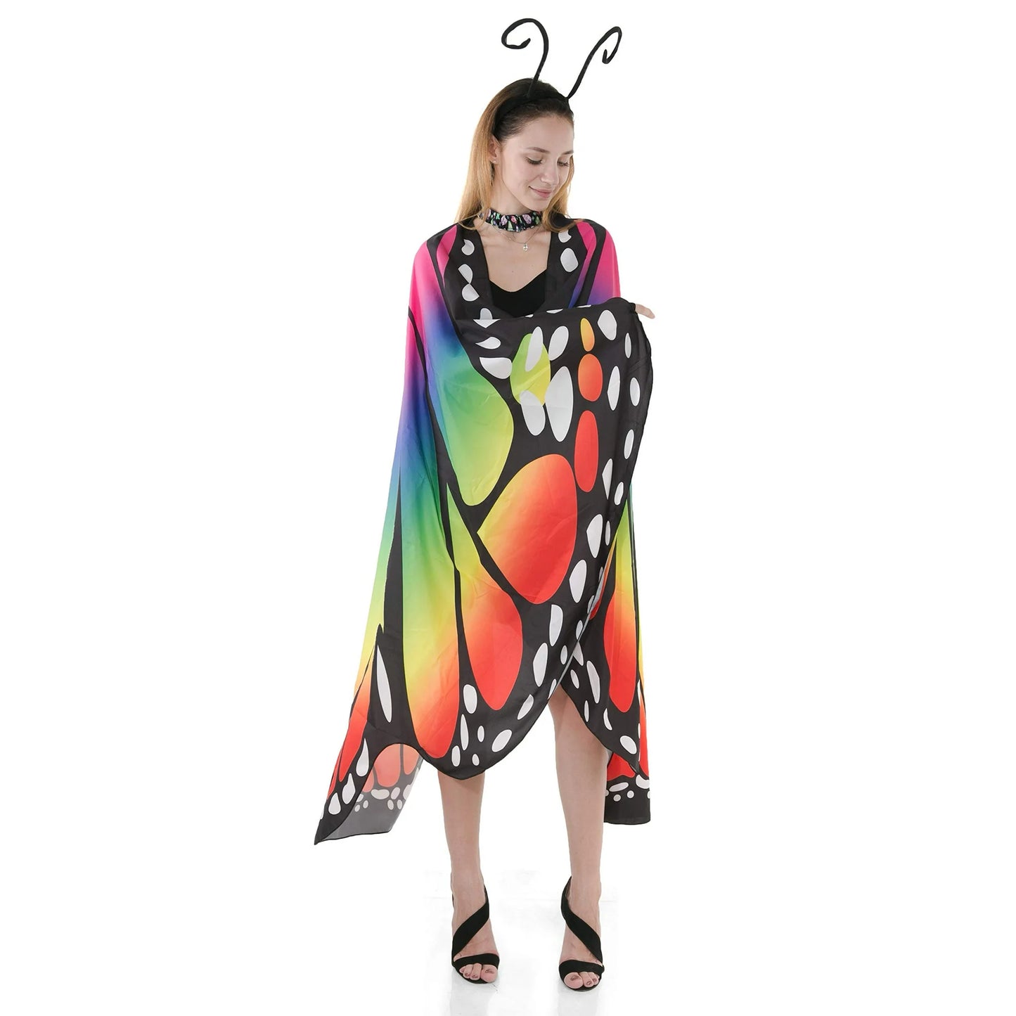 Spooktacular Creations Butterfly Wing Cape Shawl with Lace Mask and Black Velvet Antenna Headband