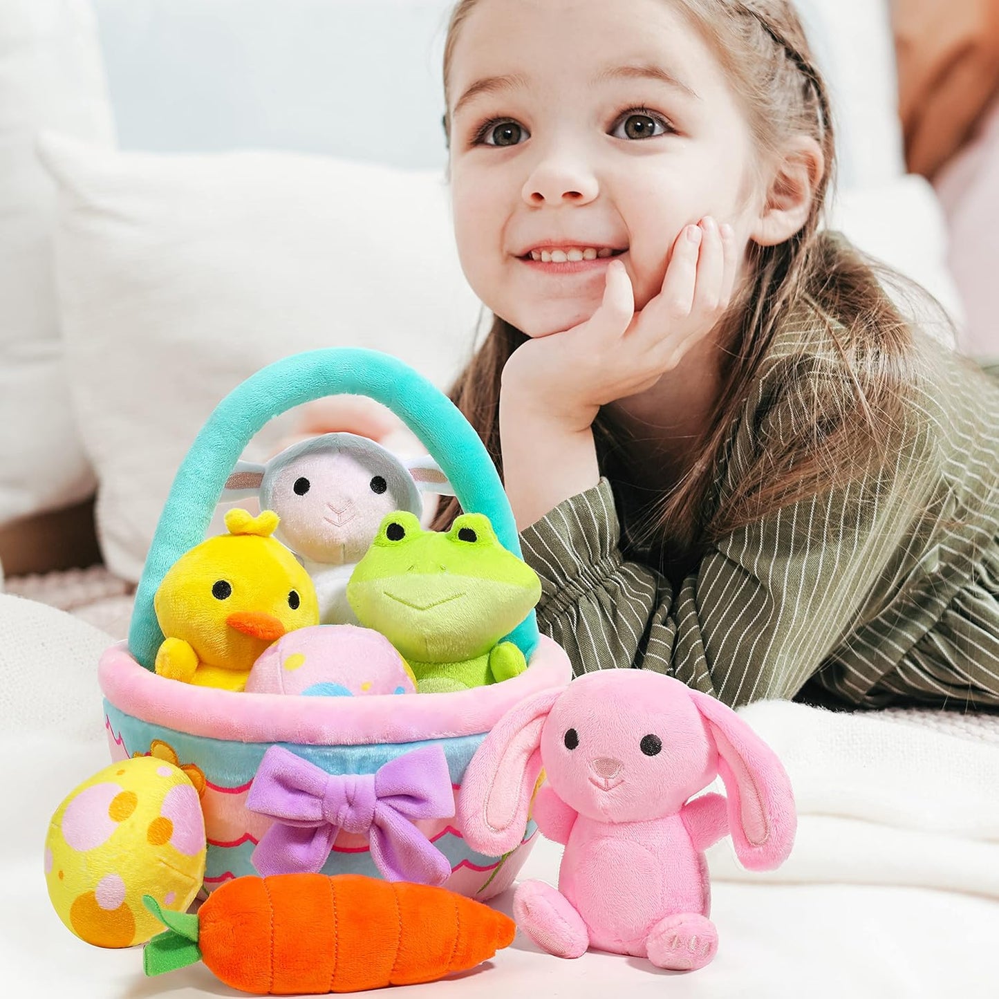Joyfy 8 Pcs Premade Easter Basket with Easter Plushes for Baby Kids Girls, Easter Basket Stuffers Plushies Playset, Easter Gifts Set, Easter Toys Easter Party Favors, Easter Decor
