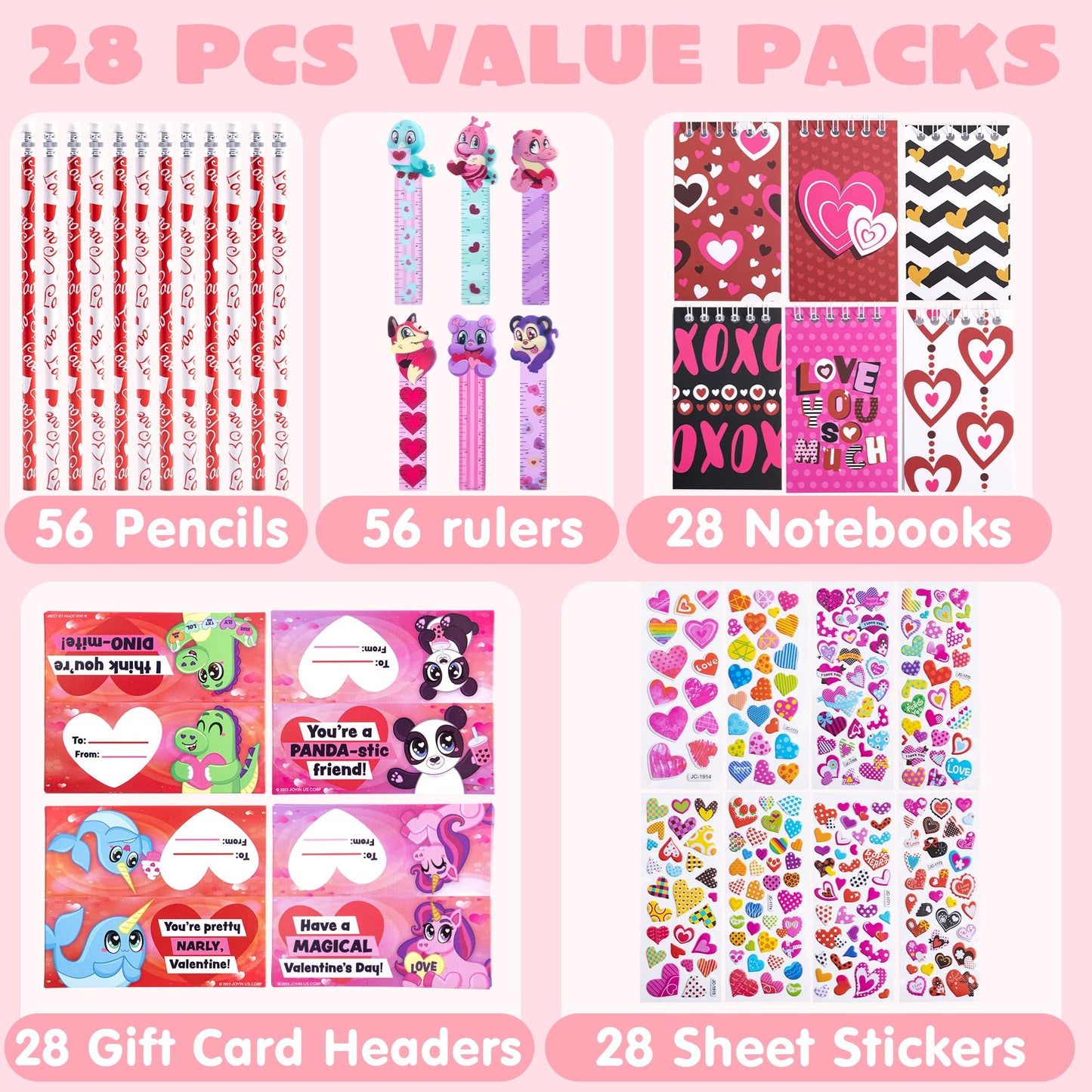 28 Packs Valentine's Day Stationery Set with Gift Card for Kids, Includes Pencils, Rulers, Notebook and Stickers for Valentine's Classroom Exchange Party Favors Supplies