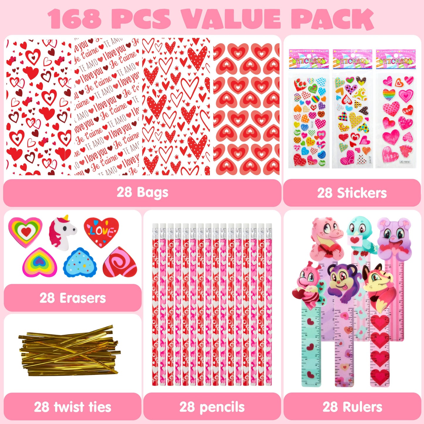 28 Pack Valentines Day Stationery Set Assorted for Kids, with Pencils Sticker Eraser and Rulers, and Holiday Reward Prizes Classroom School Exchange Gift
