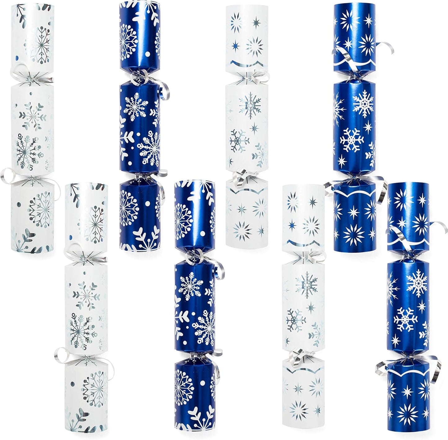 Joyfy 10" Christmas Crackers Party Table Favor, 8 Pcs No Snap Blue & White Snowflake Design, with Party Hat Joke & Little Gift for Xmas Holiday Dinner Traditions