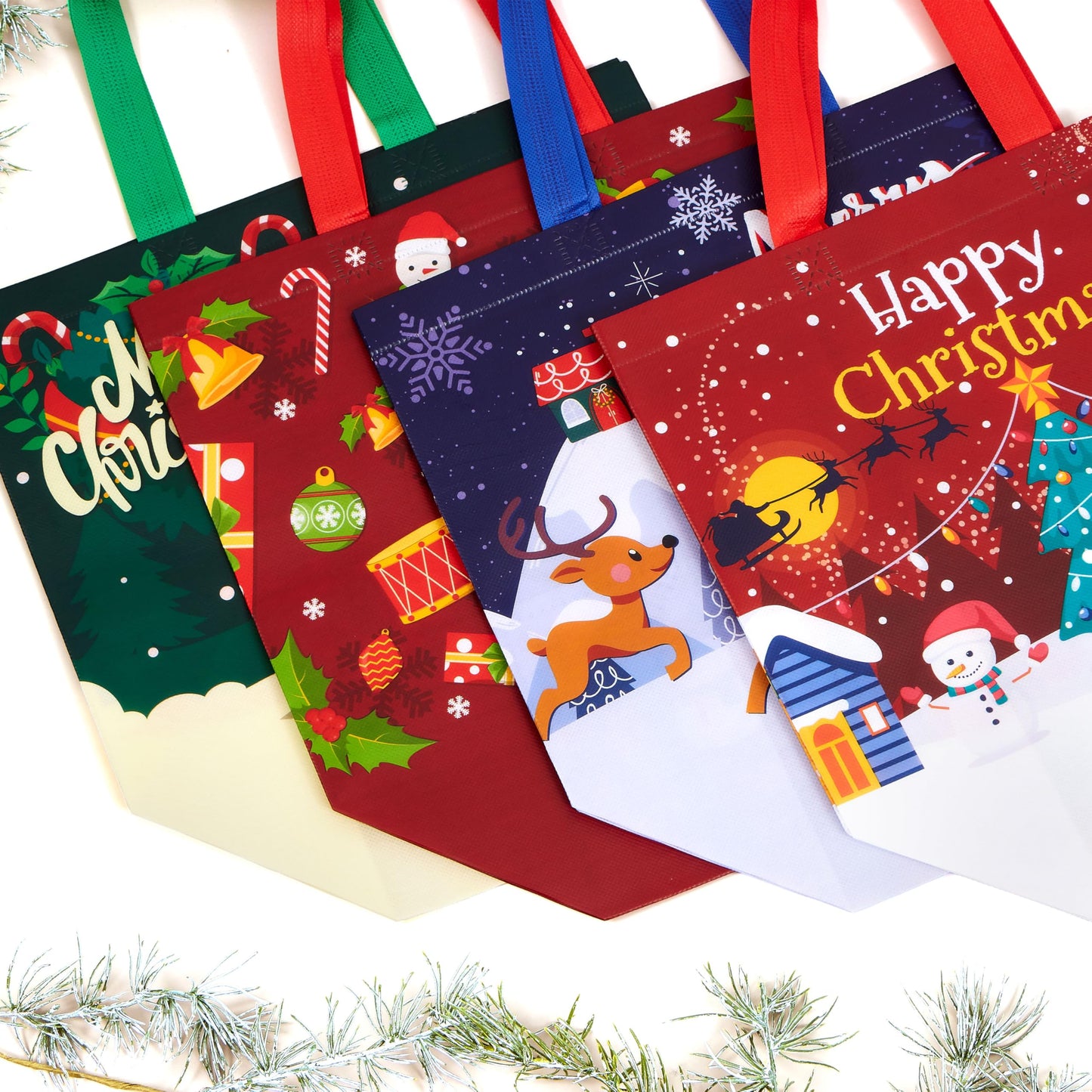 Joyfy Christmas 12 Pcs Christmas Large Tote Bags 12.8"*9.8" Holiday Reusable Gift Bags for Classroom Party Favor Supplies, Christmas Shopping Bags, Xmas Party Supplies Bags