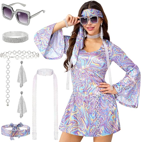 Joyfy 70s Disco Outfits for Women, Halloween Dress with 70s Accessories for Halloween Costumes Dance Party
